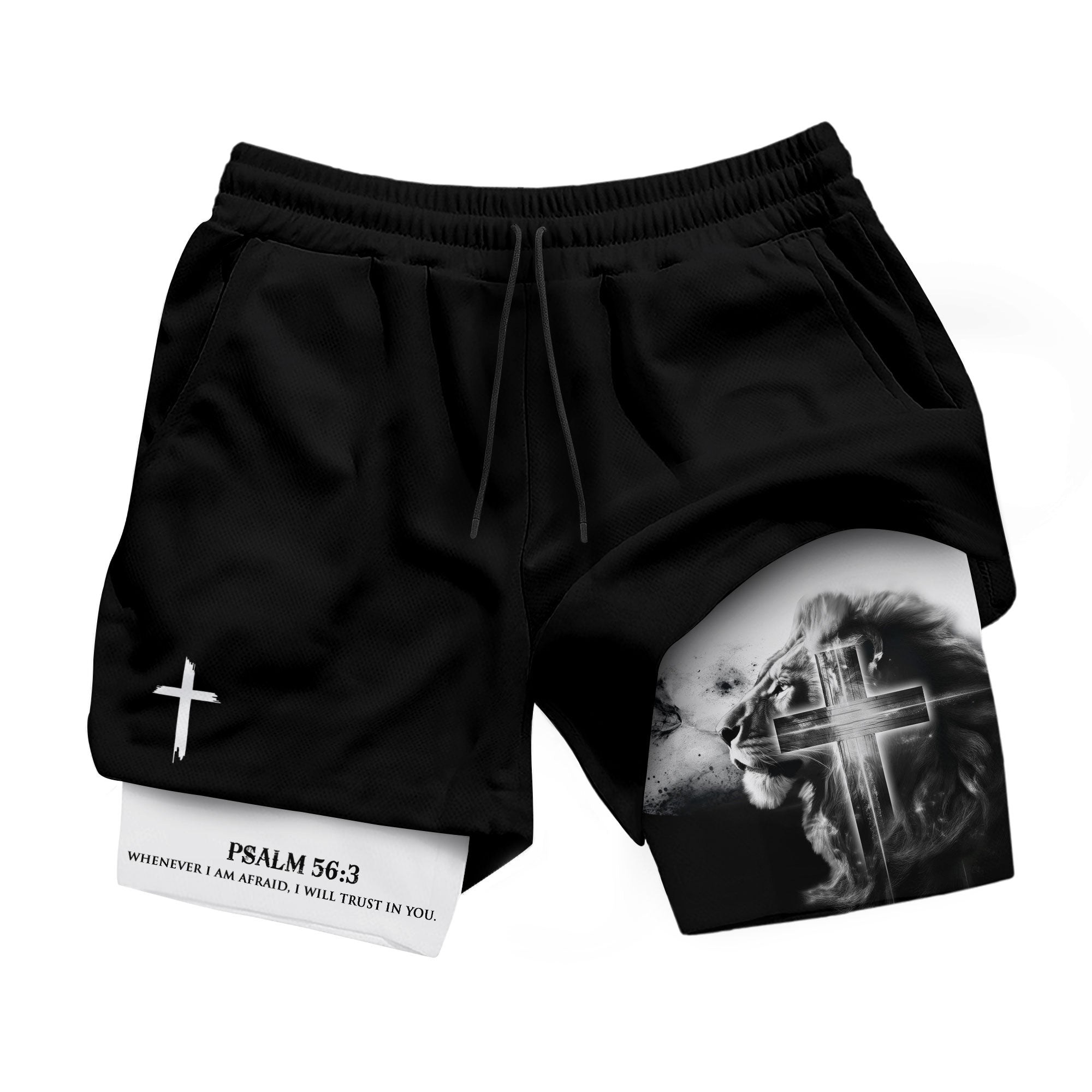 Psalm 56 3 Christian Gym Shorts for Men Lion Cross Faith Design