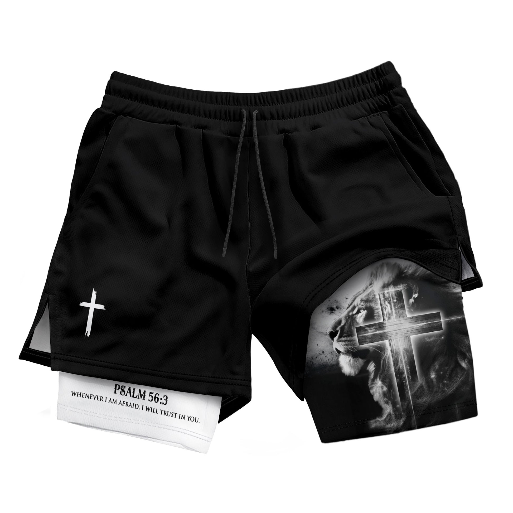 Psalm 56:3 Christian Gym Shorts for Men Lion Cross Faith Design - Rust Field Wear