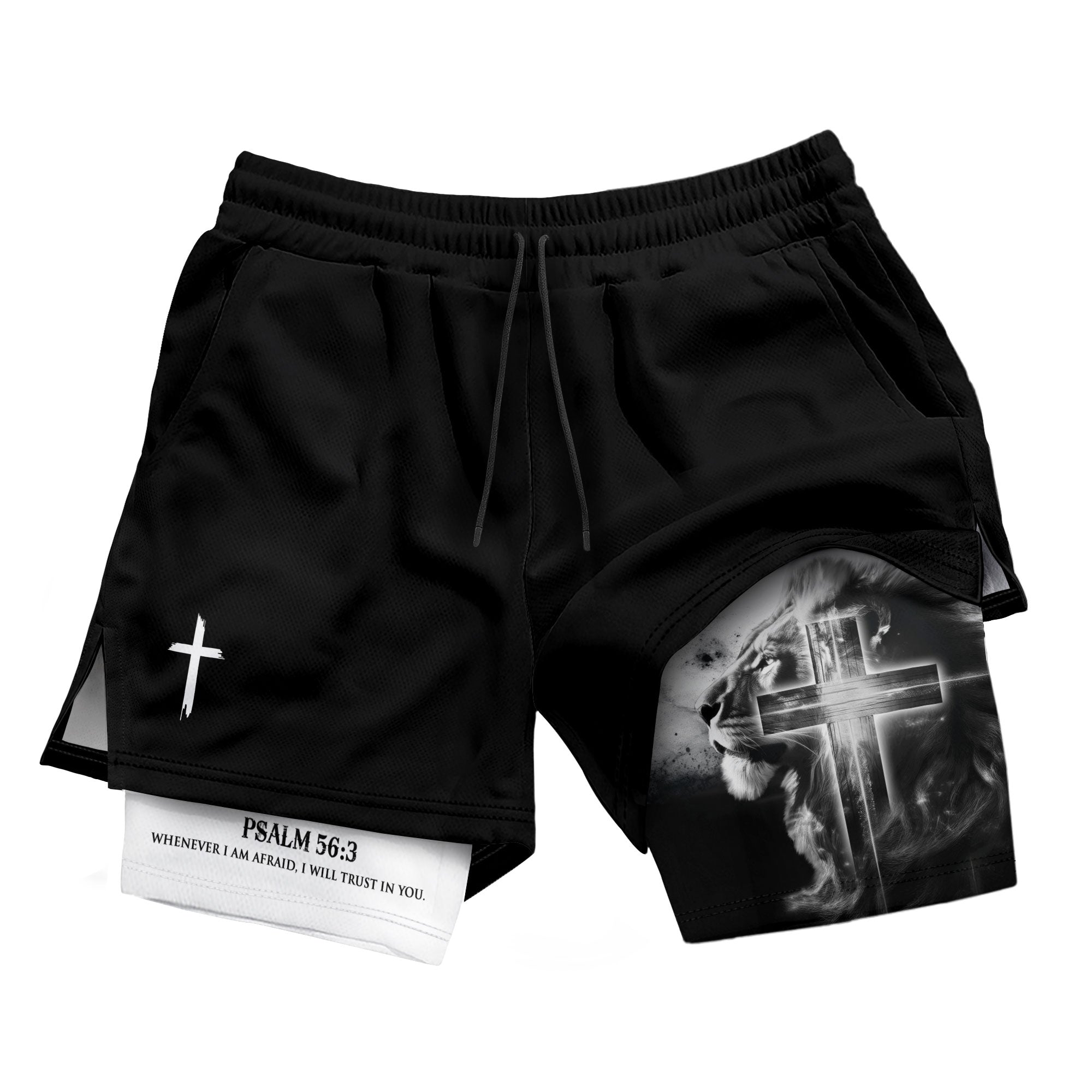 Psalm 56:3 Christian Gym Shorts for Men Lion Cross Faith Design - Rust Field Wear