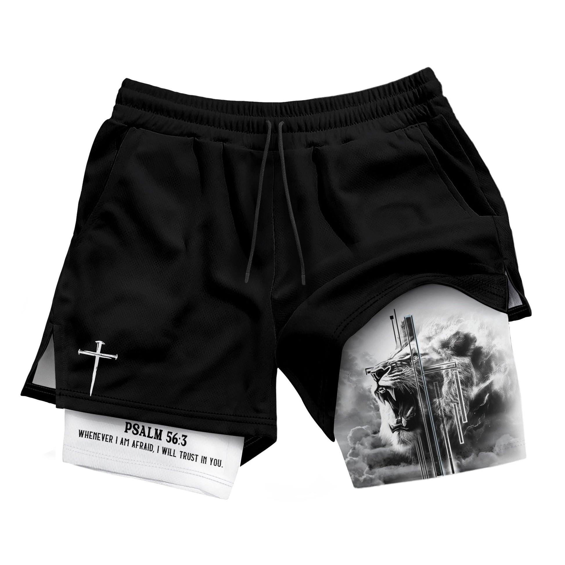 Psalm 56:3 Christian Gym Shorts for Men Fearless Lion Cross Design - Rust Field Wear