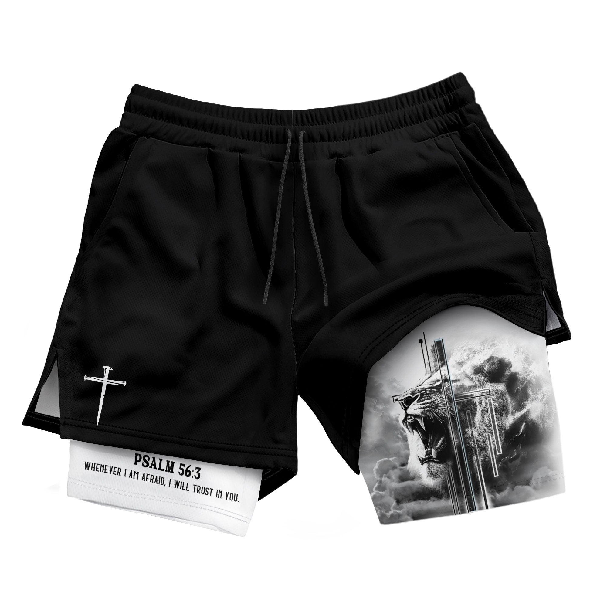Psalm 56:3 Christian Gym Shorts for Men Fearless Lion Cross Design - Rust Field Wear