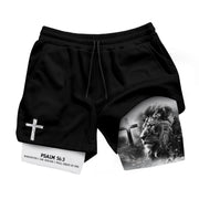Psalm 56:3 Christian Gym Shorts for Men Lion of Judah Cross Design