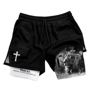 Psalm 56:3 Christian Gym Shorts for Men Lion of Judah Cross Design - Rust Field Wear