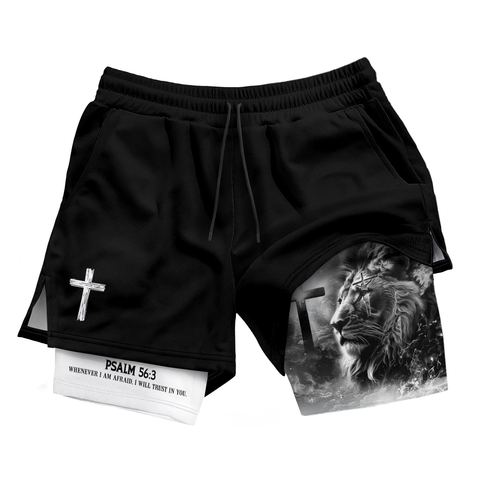 Psalm 56:3 Christian Gym Shorts for Men Lion of Judah Cross Design - Rust Field Wear