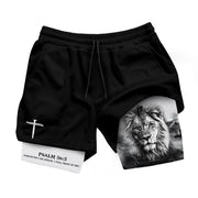 Psalm 56:3 Christian Gym Shorts for Men Trust in God Lion Cross Design