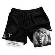 Psalm 56:3 Christian Gym Shorts for Men Trust in God Lion Cross Design - Rust Field Wear