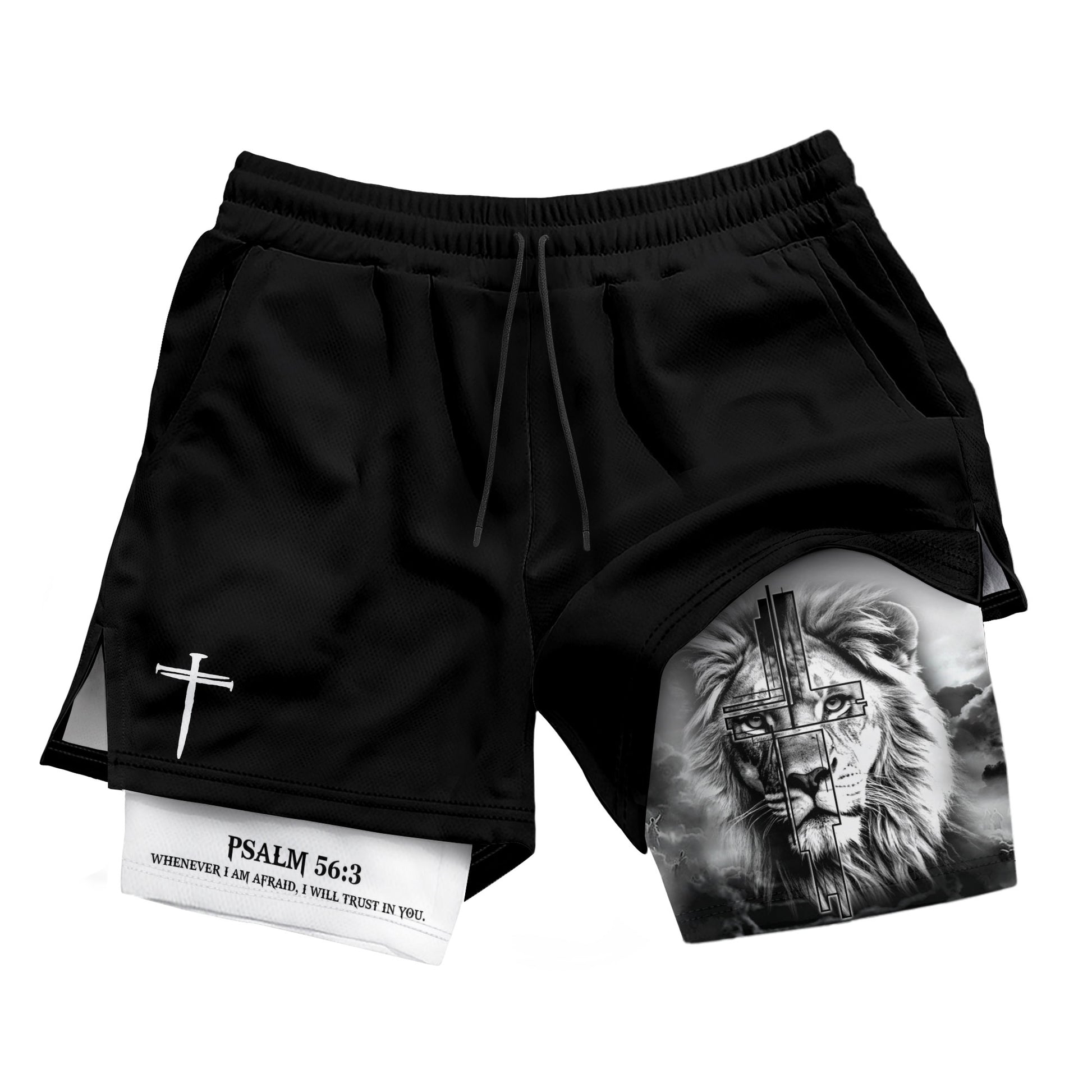 Psalm 56:3 Christian Gym Shorts for Men Trust in God Lion Cross Design - Rust Field Wear