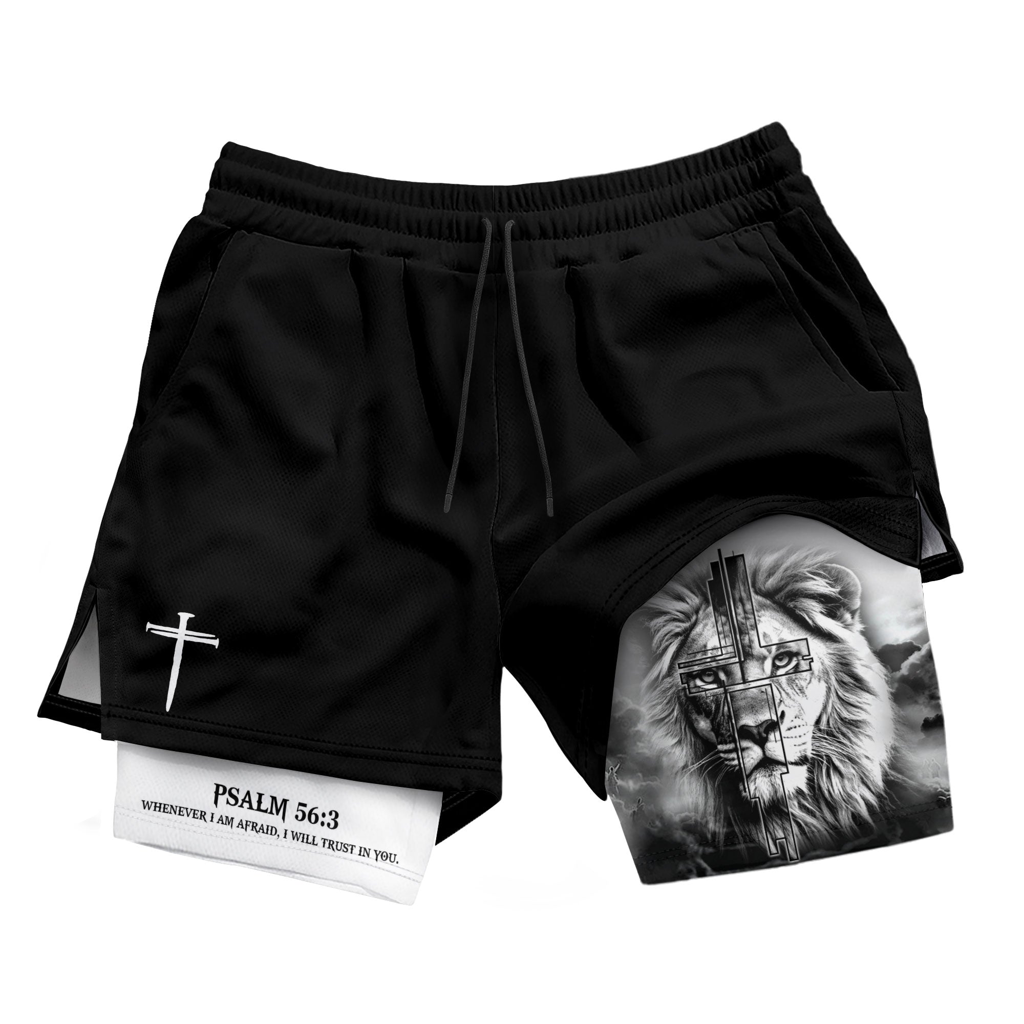 Psalm 56:3 Christian Gym Shorts for Men Trust in God Lion Cross Design - Rust Field Wear
