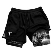 Psalm 56:3 Christian Gym Shorts for Men Lion Cross Path Design - Rust Field Wear