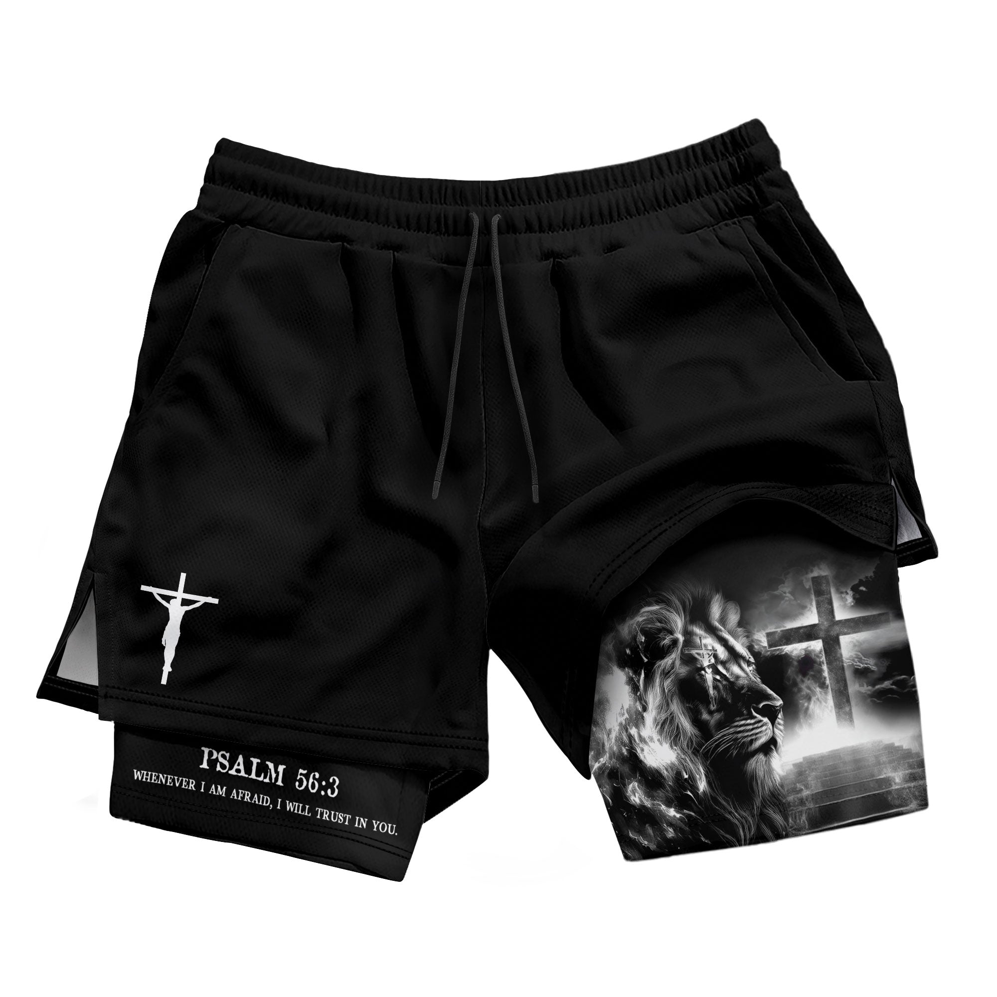 Psalm 56:3 Christian Gym Shorts for Men Lion Cross Path Design - Rust Field Wear
