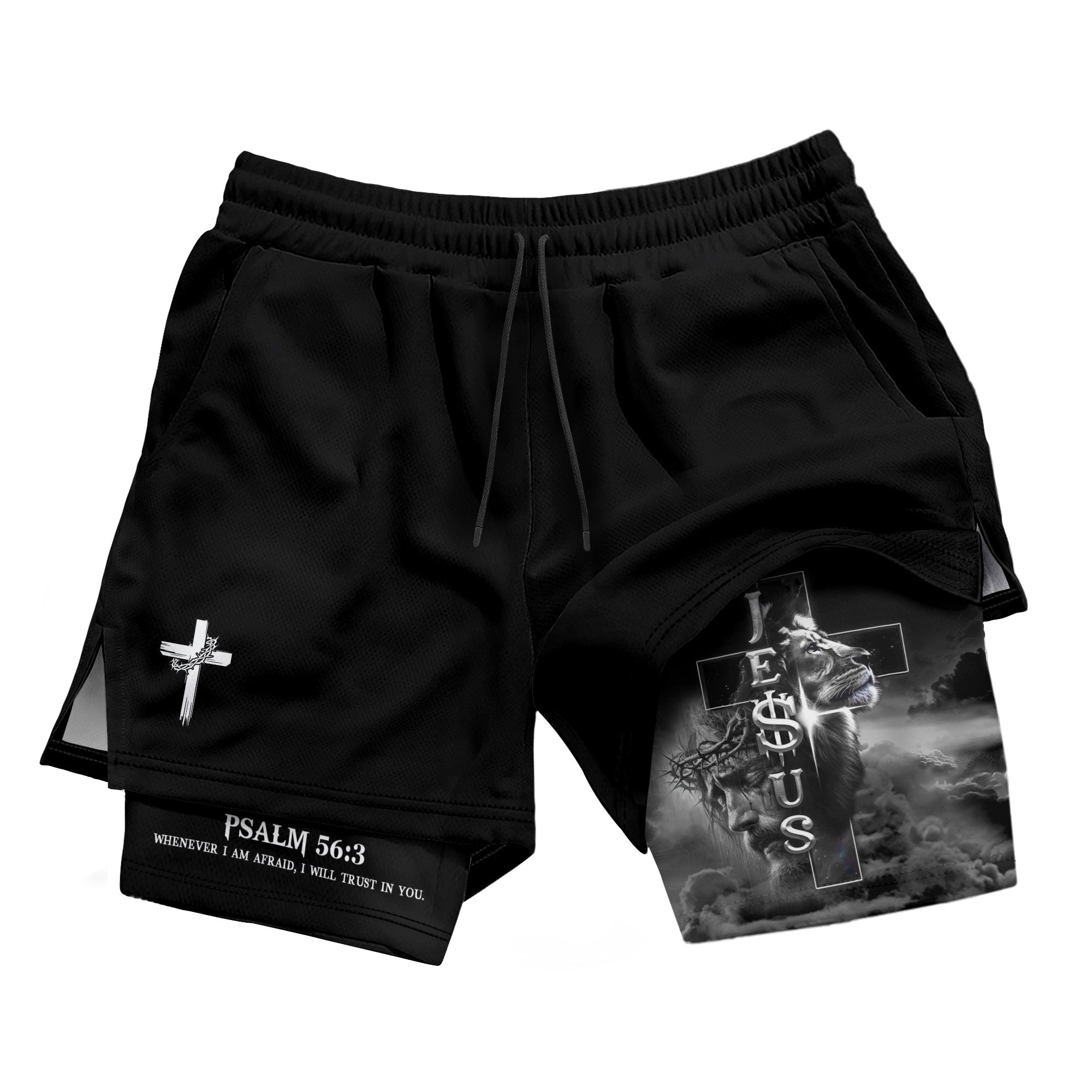 Psalm 56:3 Christian Gym Shorts for Men Jesus Cross Lion Design - Rust Field Wear