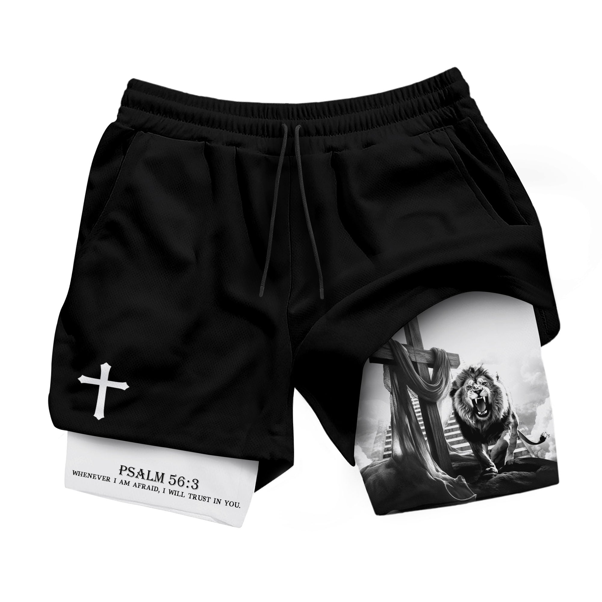 Psalm 56 3 Christian Gym Shorts for Men Lion Cross Stairway Design
