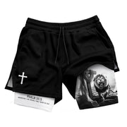 Psalm 56:3 Christian Gym Shorts for Men Lion Cross Stairway Design - Rust Field Wear
