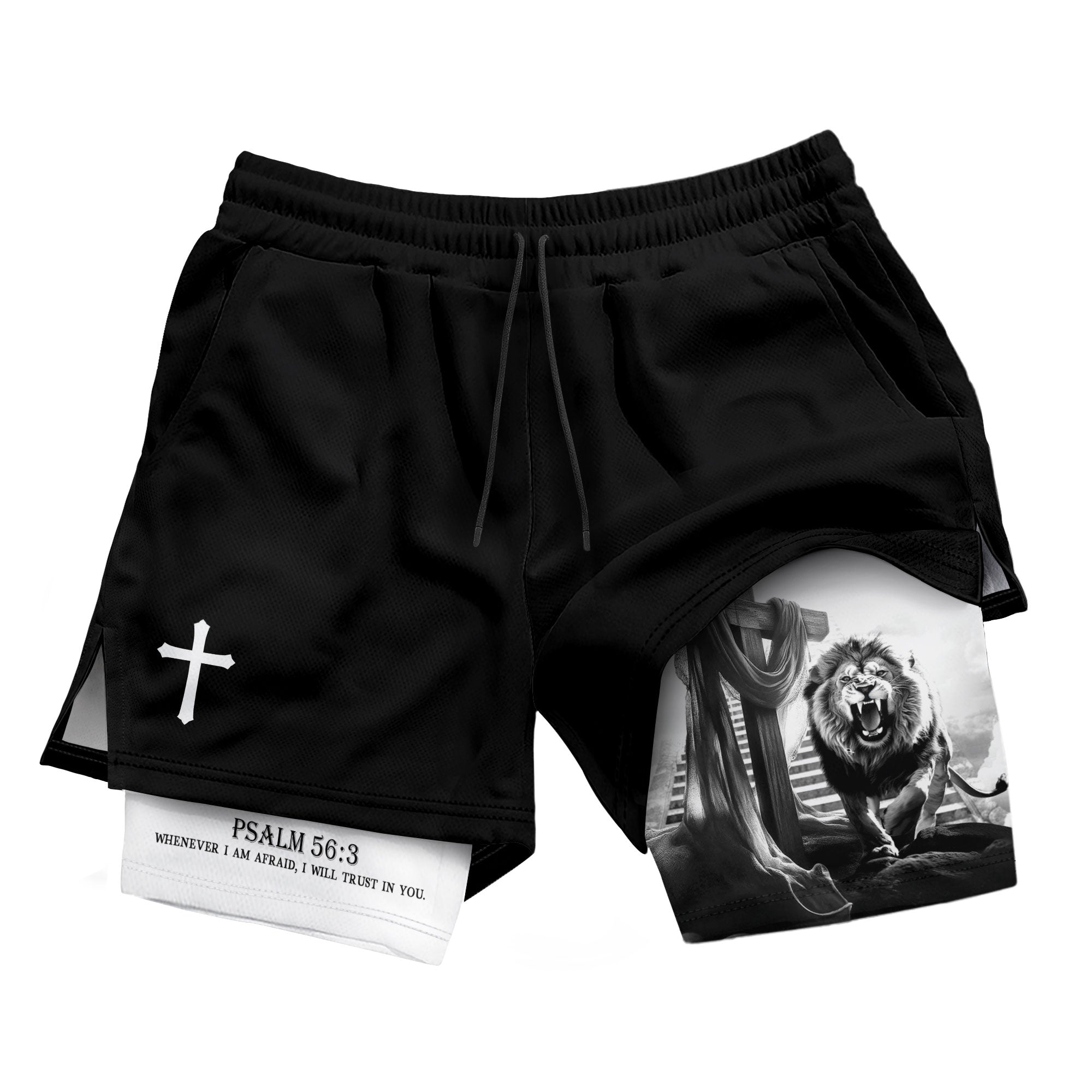 Psalm 56:3 Christian Gym Shorts for Men Lion Cross Stairway Design - Rust Field Wear