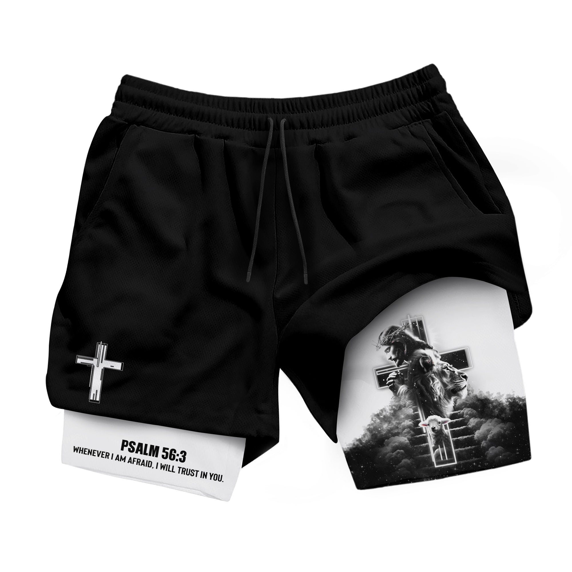 Psalm 56 3 Christian Gym Shorts for Men Jesus Cross Stairway Design