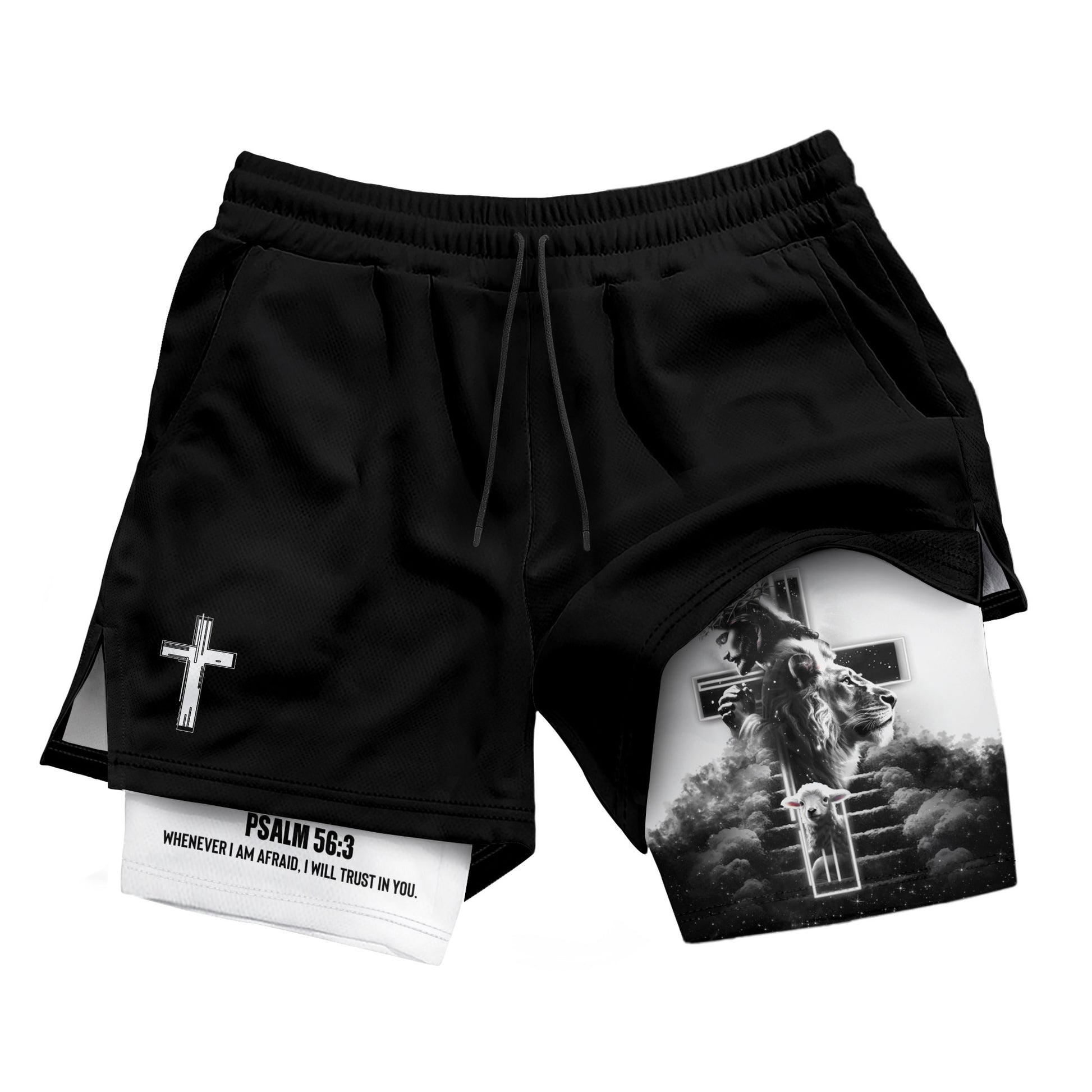 Psalm 56:3 Christian Gym Shorts for Men Jesus Cross Stairway Design - Rust Field Wear