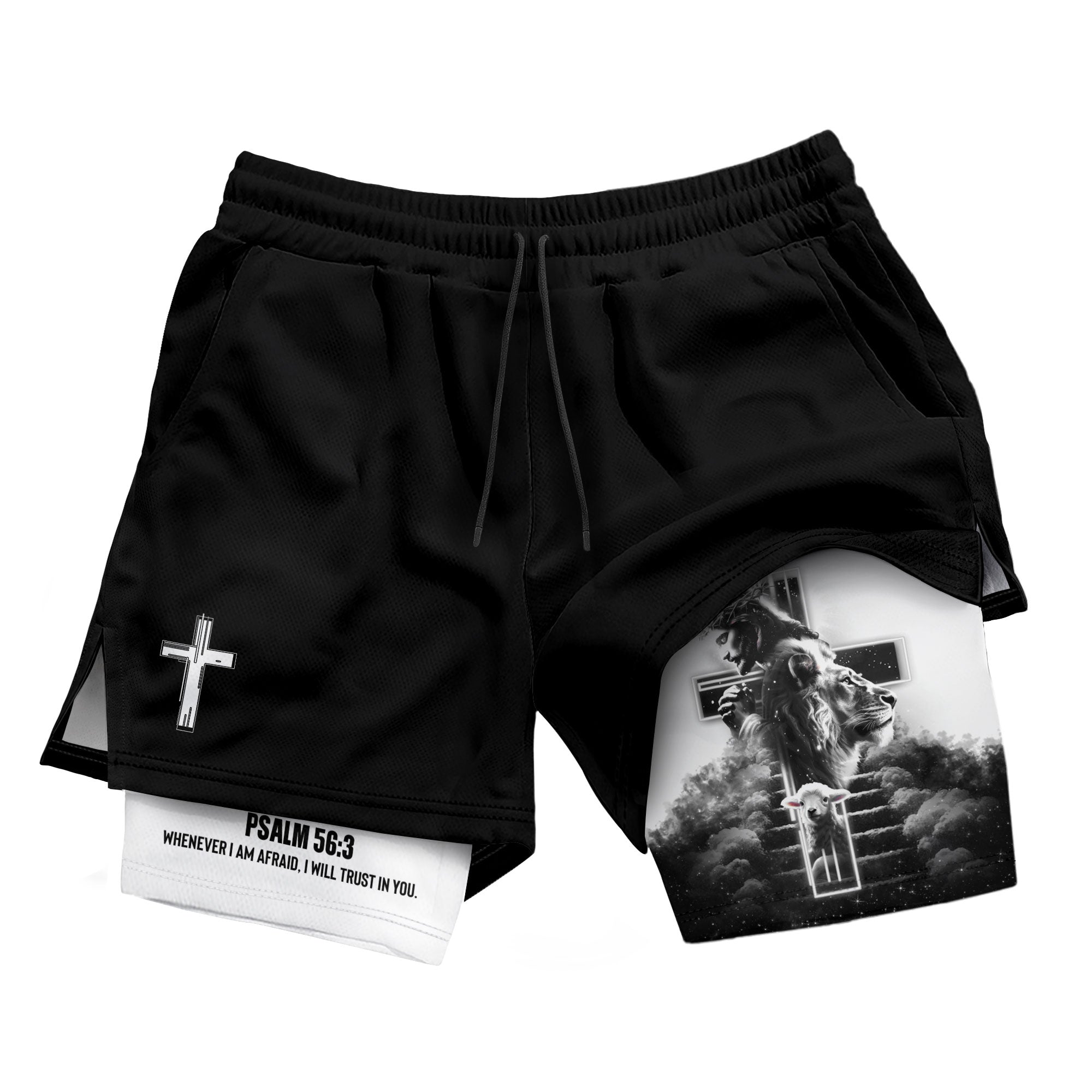 Psalm 56:3 Christian Gym Shorts for Men Jesus Cross Stairway Design - Rust Field Wear