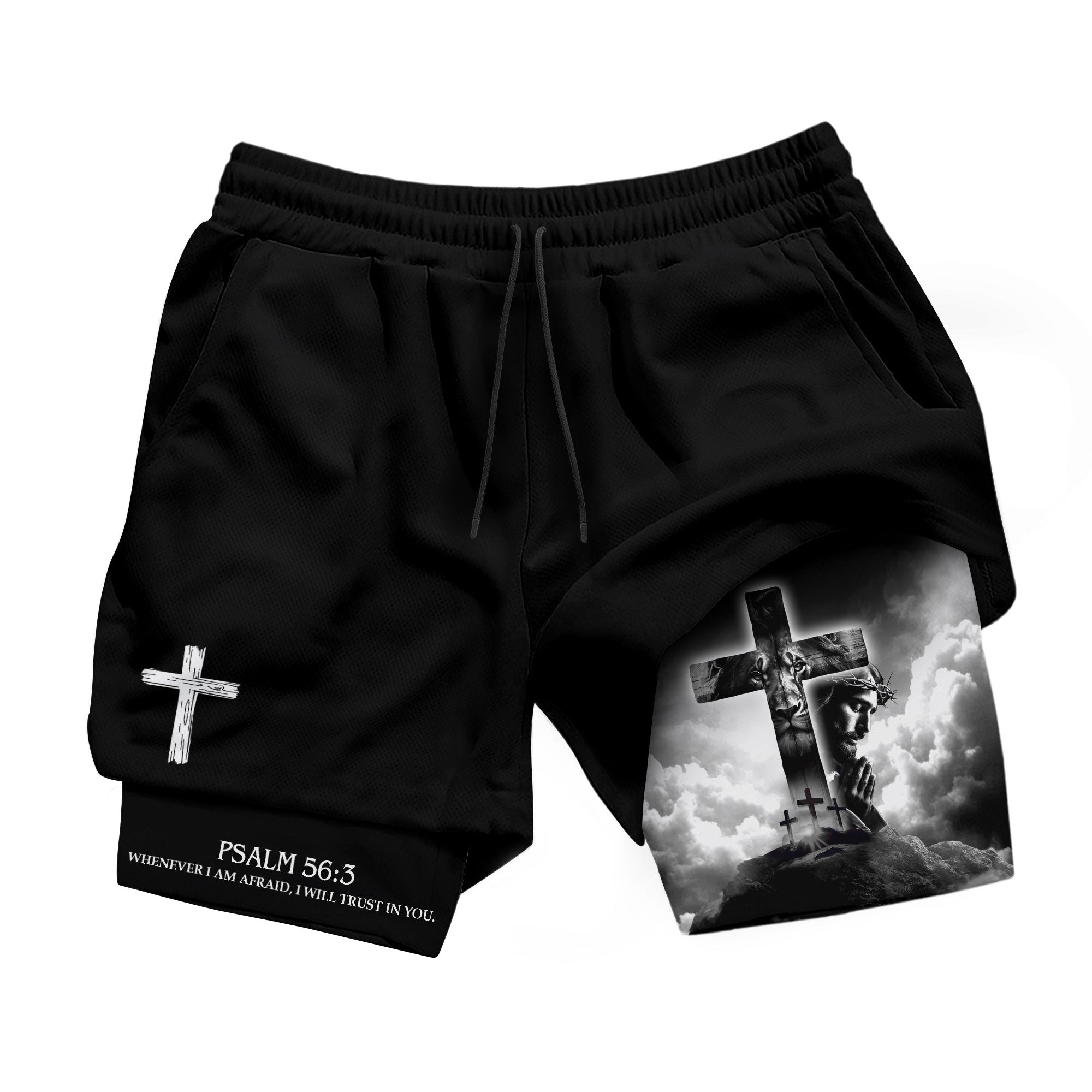 Psalm 56 3 Christian Gym Shorts for Men Jesus Cross Prayer Design