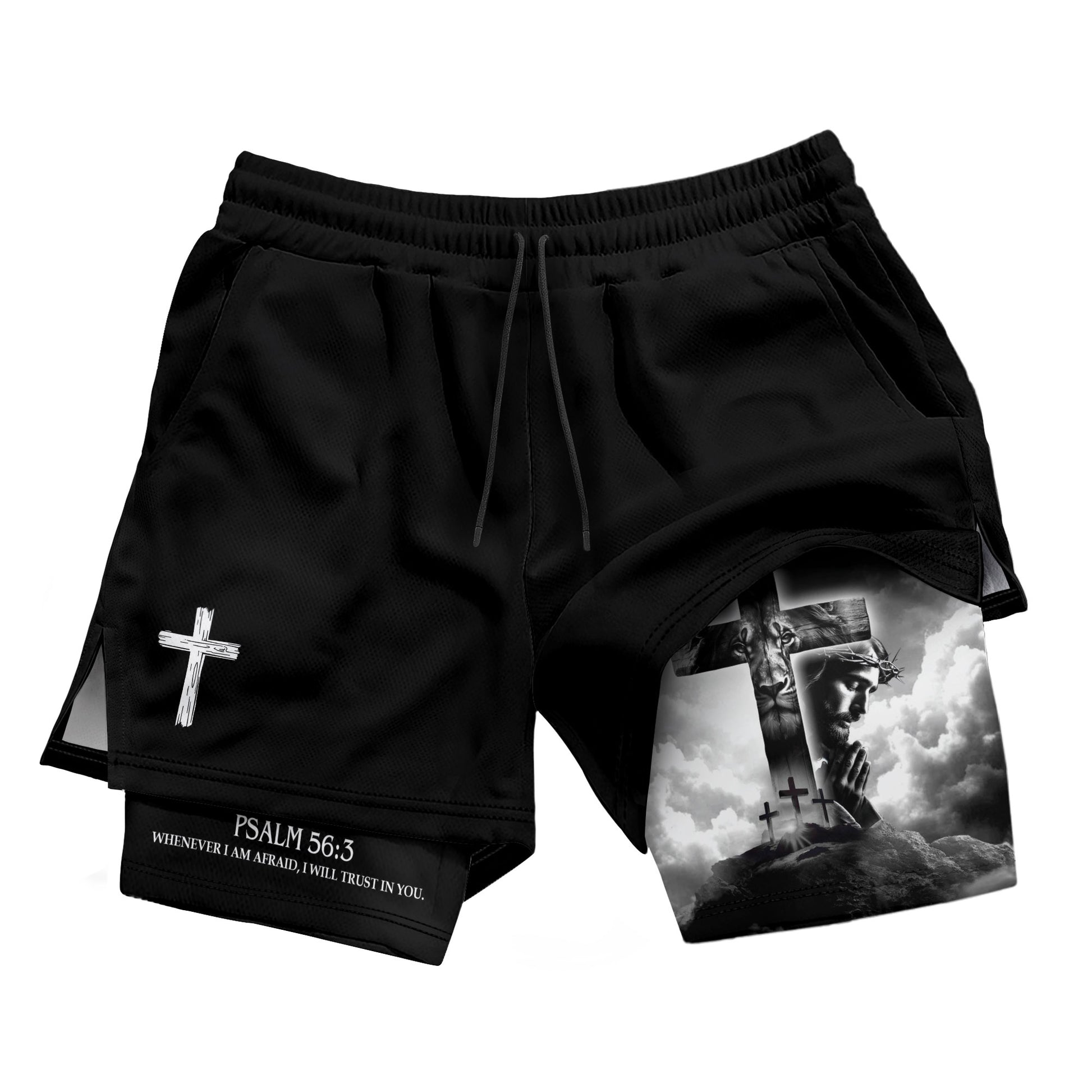 Psalm 56:3 Christian Gym Shorts for Men Jesus Cross Prayer Design - Rust Field Wear