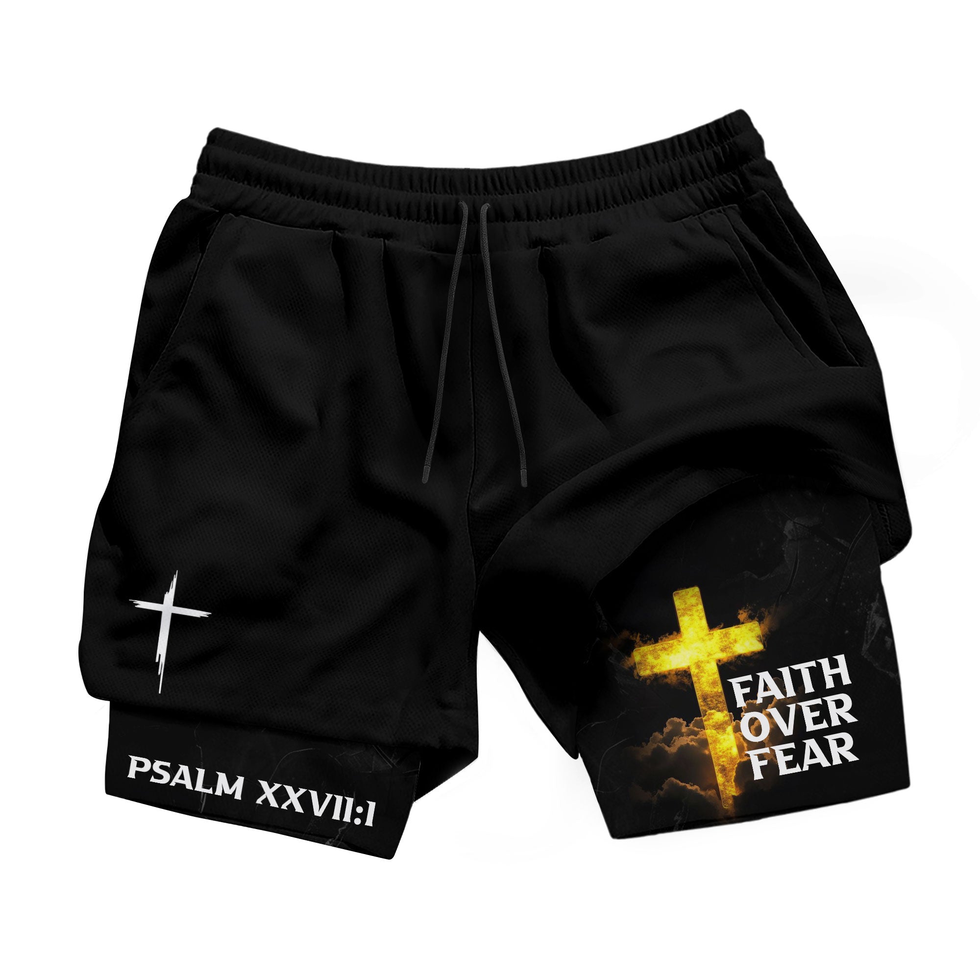 Psalm 27:1 Faith Over Fear Christian Mens Gym Shorts Bible Verse Glowing Gold Design