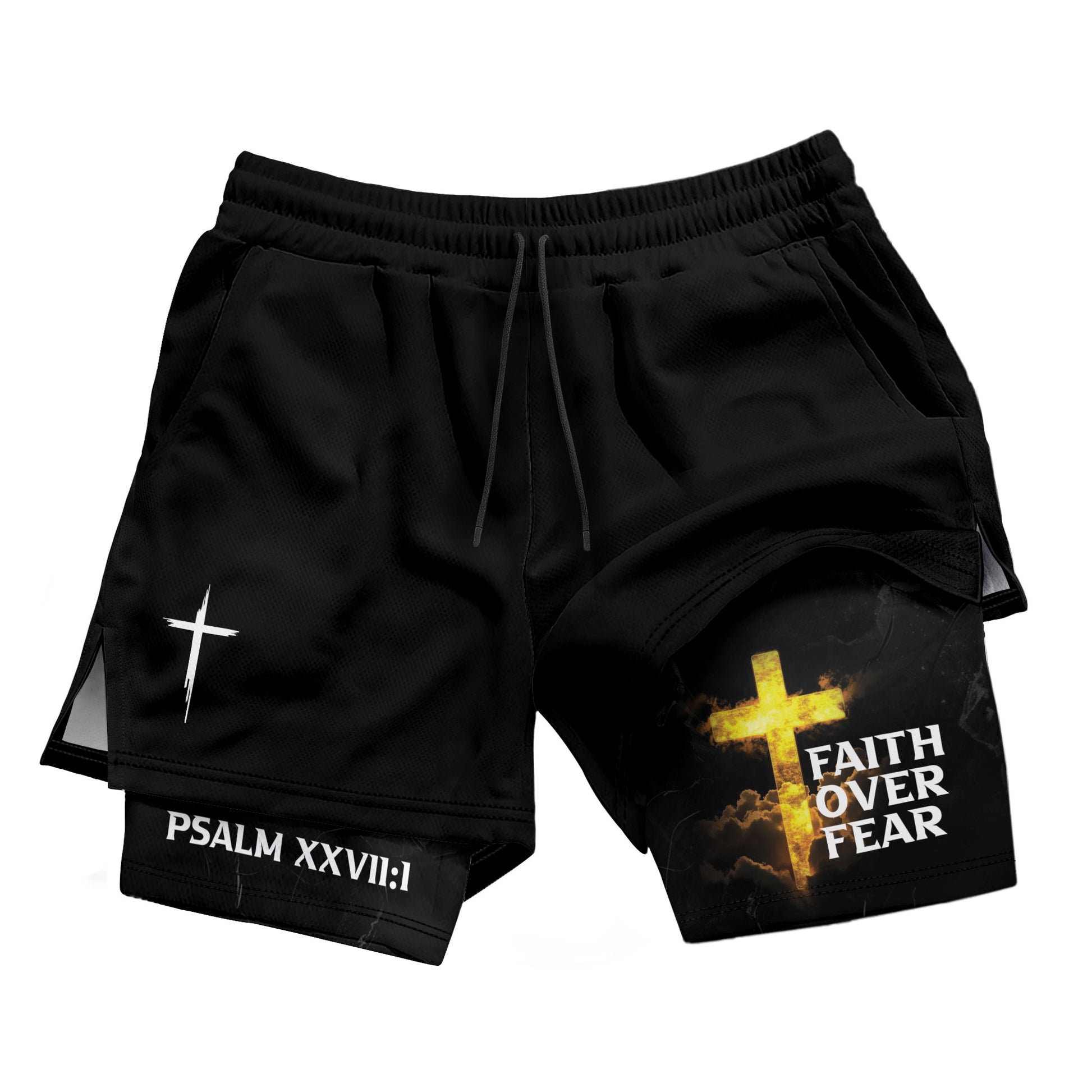 Psalm 27:1 Faith Over Fear Christian Mens Gym Shorts Bible Verse Glowing Gold Design - Rust Field Wear