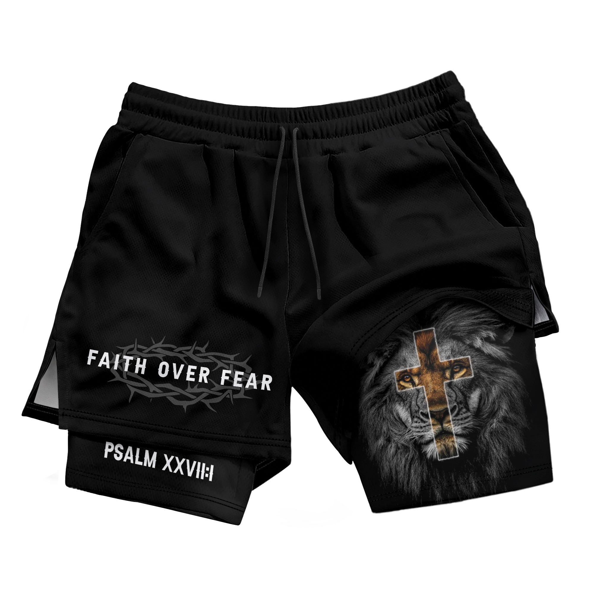 Psalm 27:1 Faith Over Fear Christian Mens Gym Shorts Brown Lion Scripture Design - Rust Field Wear