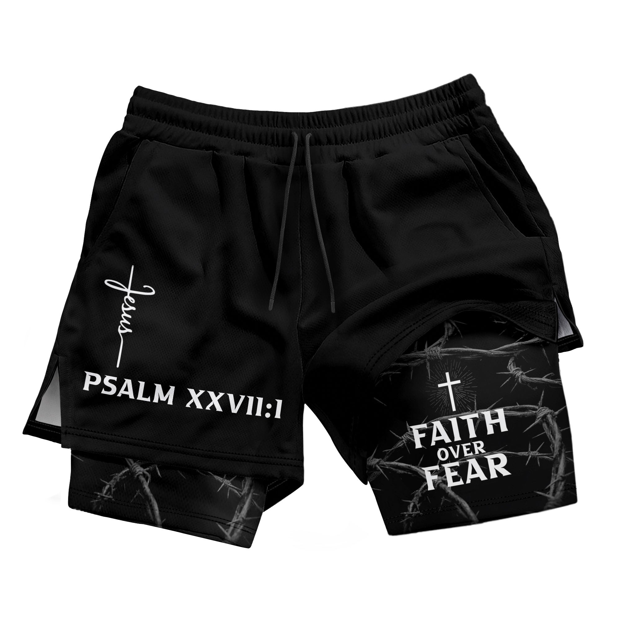 Psalm 27:1 Faith Over Fear Christian Mens Training Shorts Thorns Cross Bible Verse - Rust Field Wear