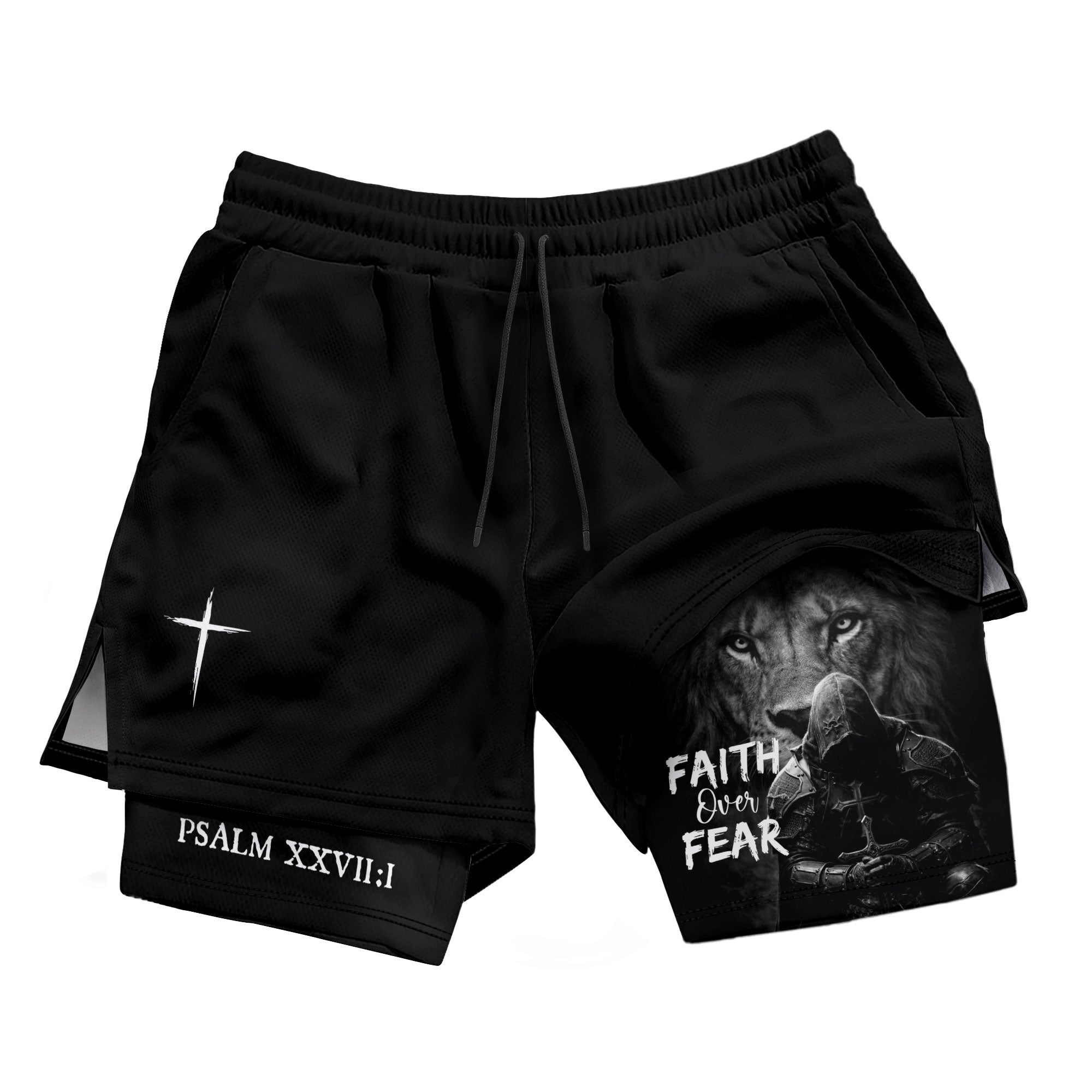 Psalm 27:1 Faith Over Fear Christian Mens Gym Shorts Lion Knight Bible Verse Design - Rust Field Wear