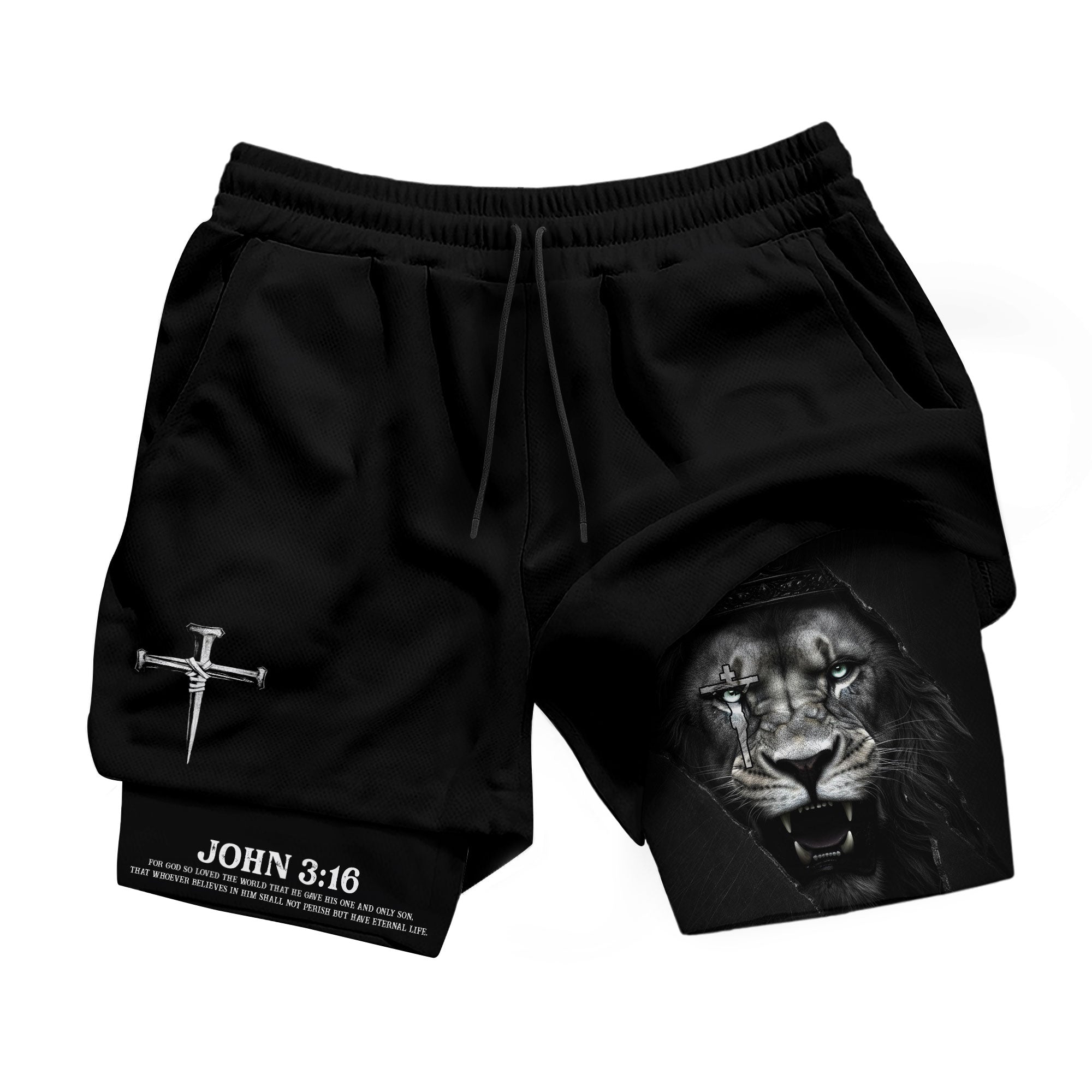 John 3:16 Christian Gym Workout Shorts Men Lion of Judah Cross Faith Bible Verse