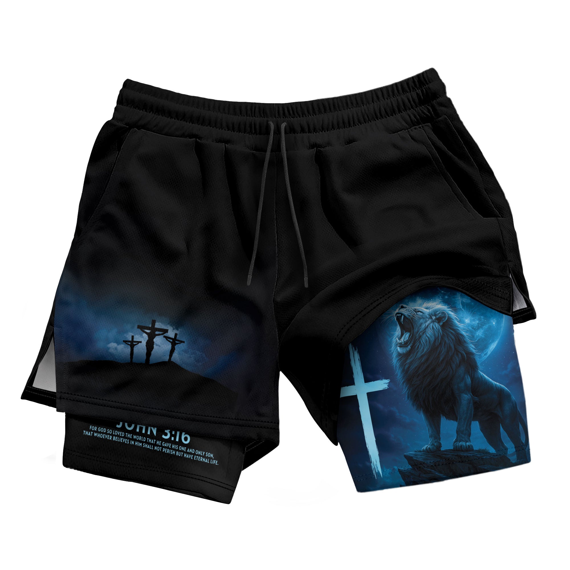 John 3:16 Christian Gym Workout Shorts Men Lion Cross Bible Verse Blue - Rust Field Wear