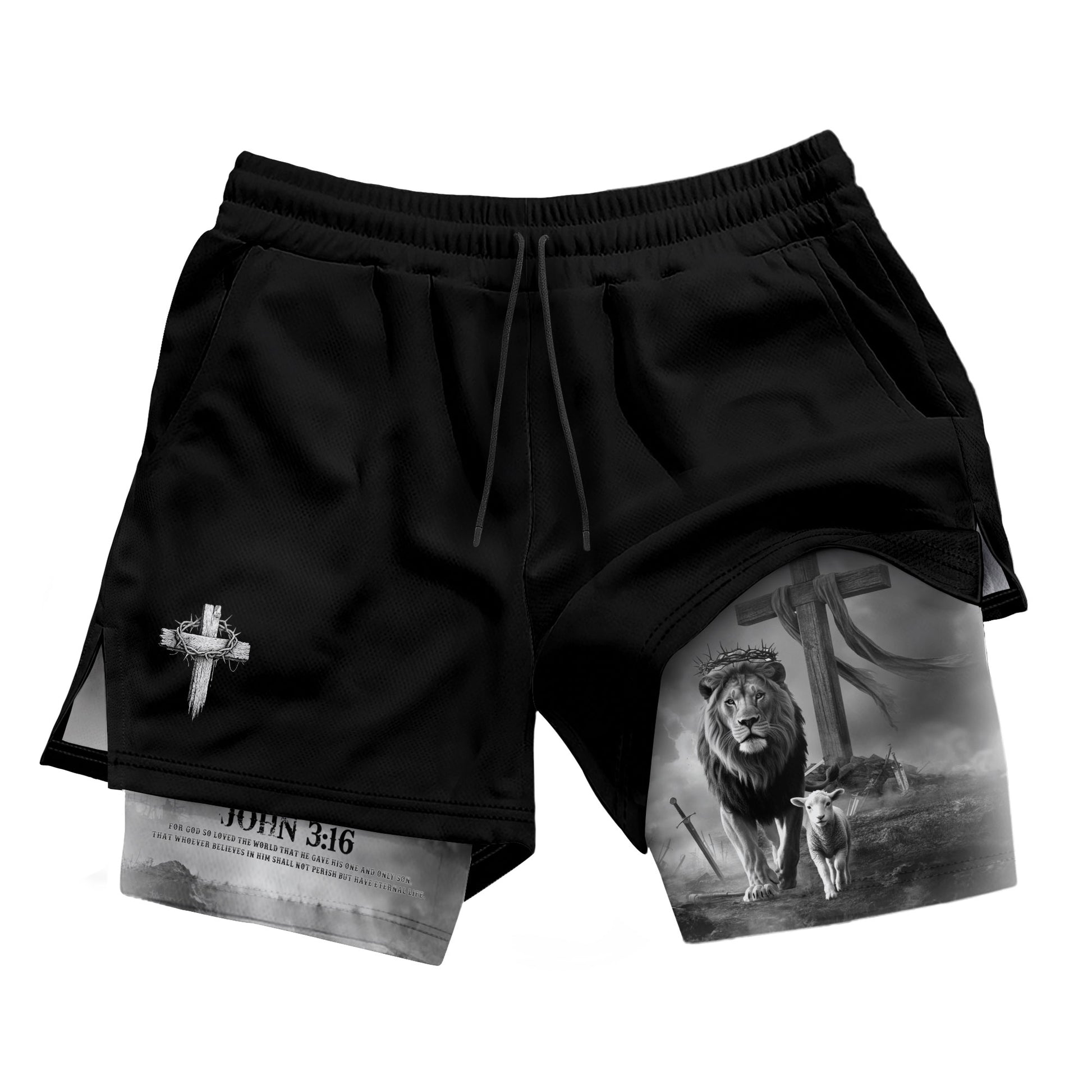 John 3:16 Christian Gym Workout Shorts Men Lion and Lamb Cross Bible Verse - Rust Field Wear