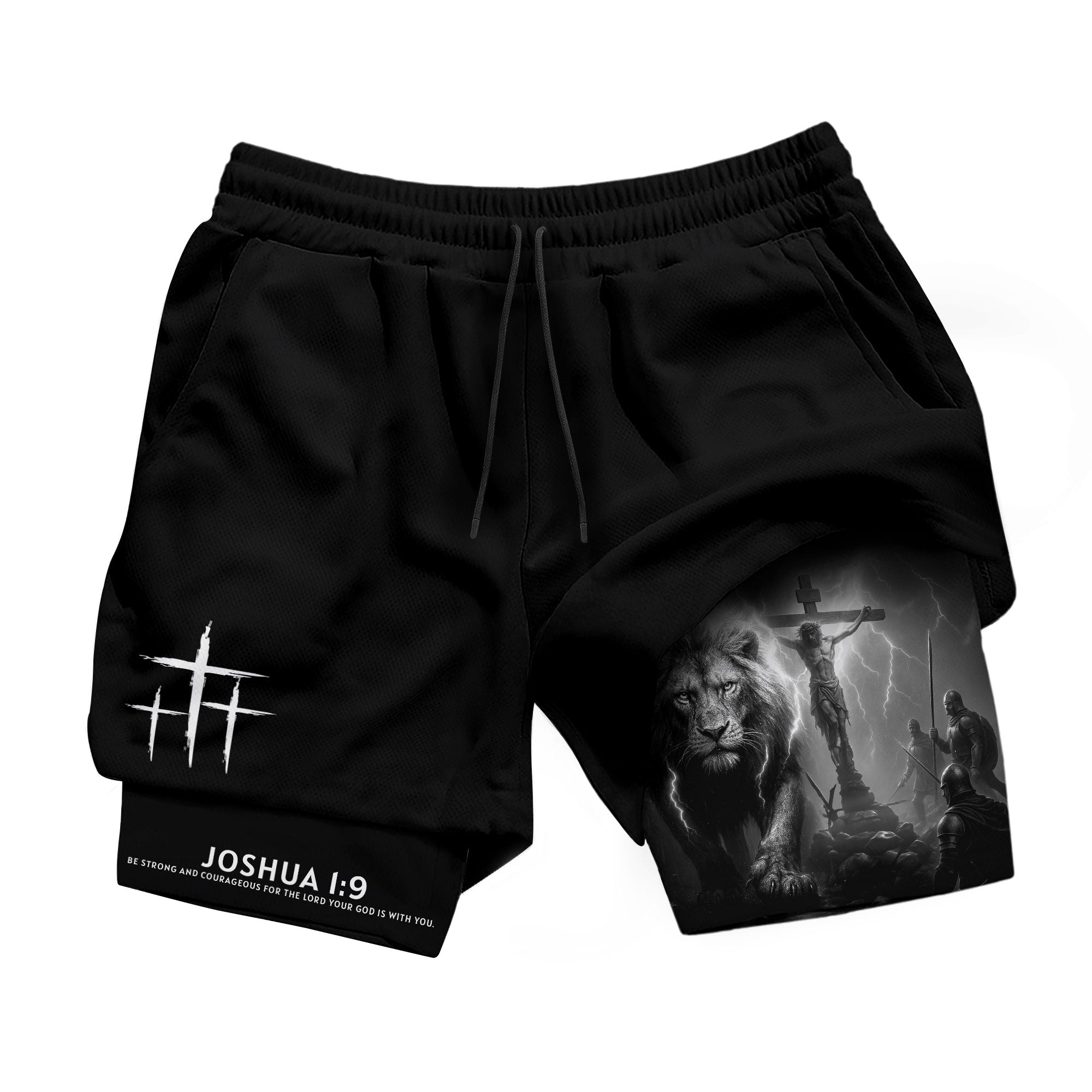 Joshua 1:9 Christian Gym Workout Shorts Men Lion Jesus Cross Bible Verse