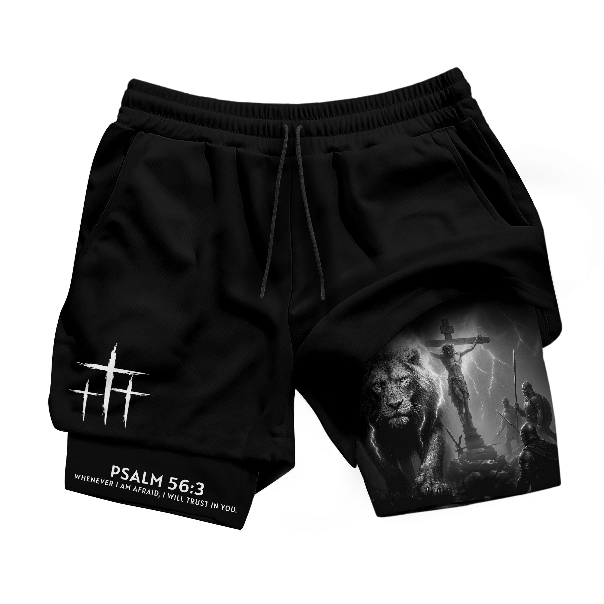 Psalm 56:3 Christian Gym Workout Shorts Men Lion Jesus Cross Bible Verse