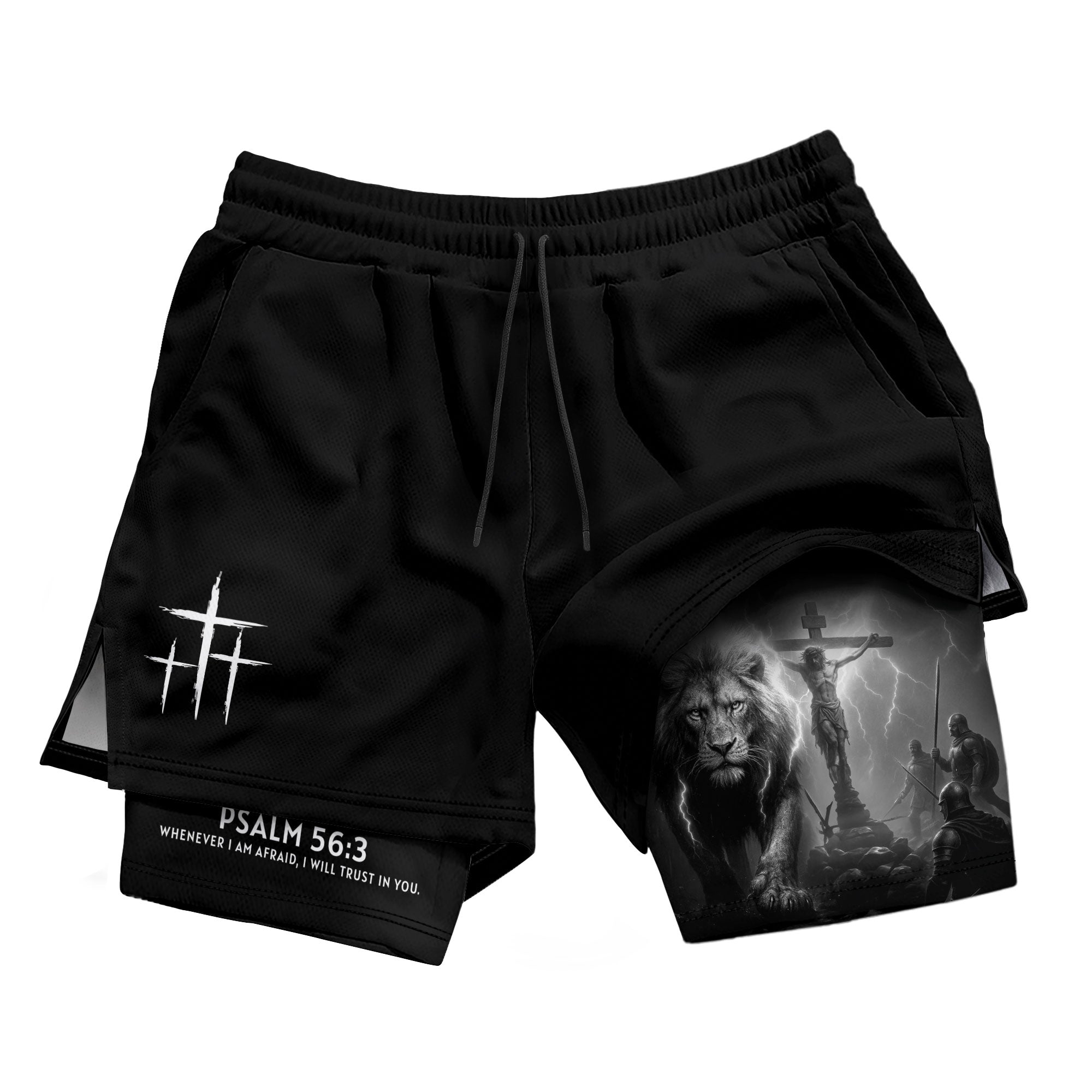 Psalm 56:3 Christian Gym Workout Shorts Men Lion Jesus Cross Bible Verse - Rust Field Wear