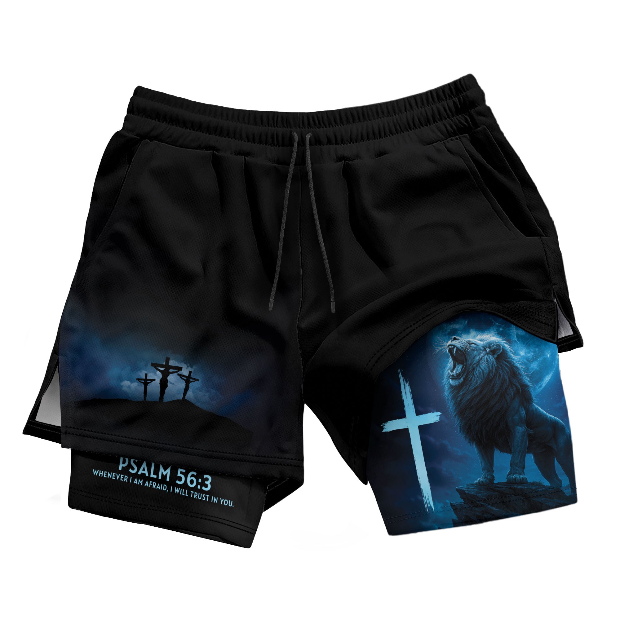 Psalm 56:3 Christian Gym Workout Shorts Men Lion Cross Bible Verse Blue - Rust Field Wear
