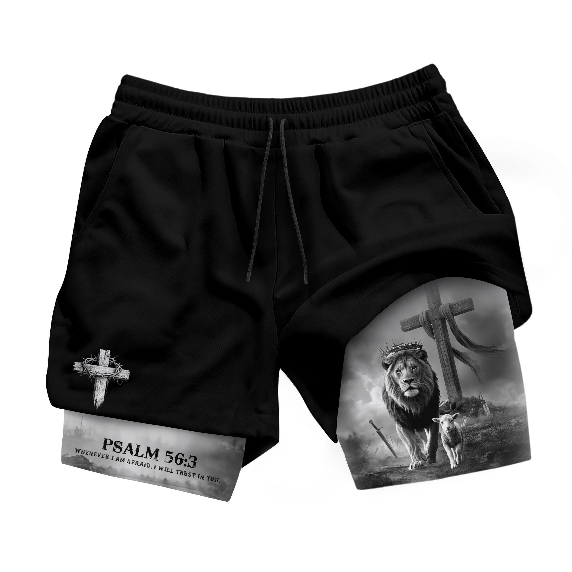 Psalm 56:3 Christian Gym Workout Shorts Men Lion and Lamb Cross Bible Verse