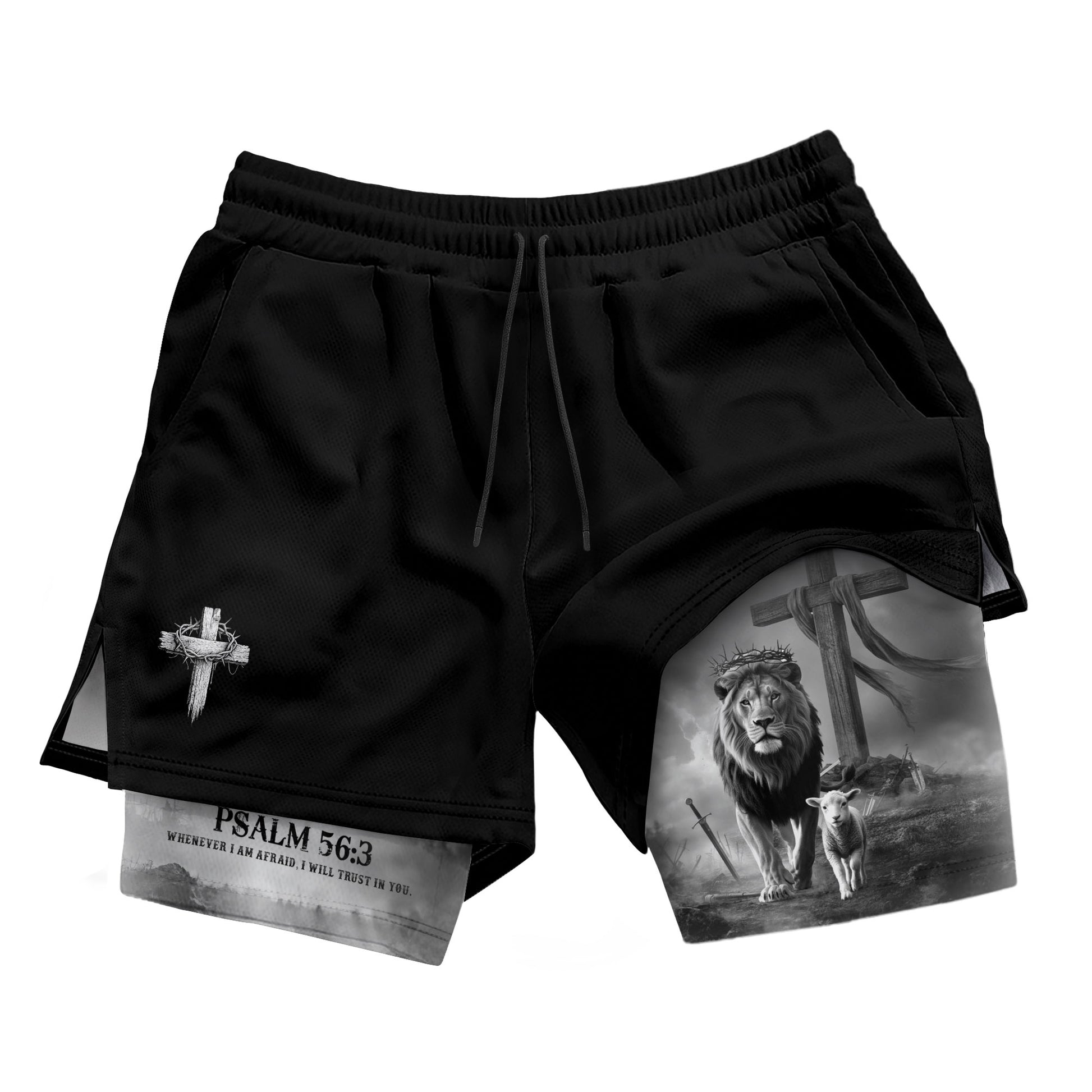 Psalm 56:3 Christian Gym Workout Shorts Men Lion and Lamb Cross Bible Verse - Rust Field Wear