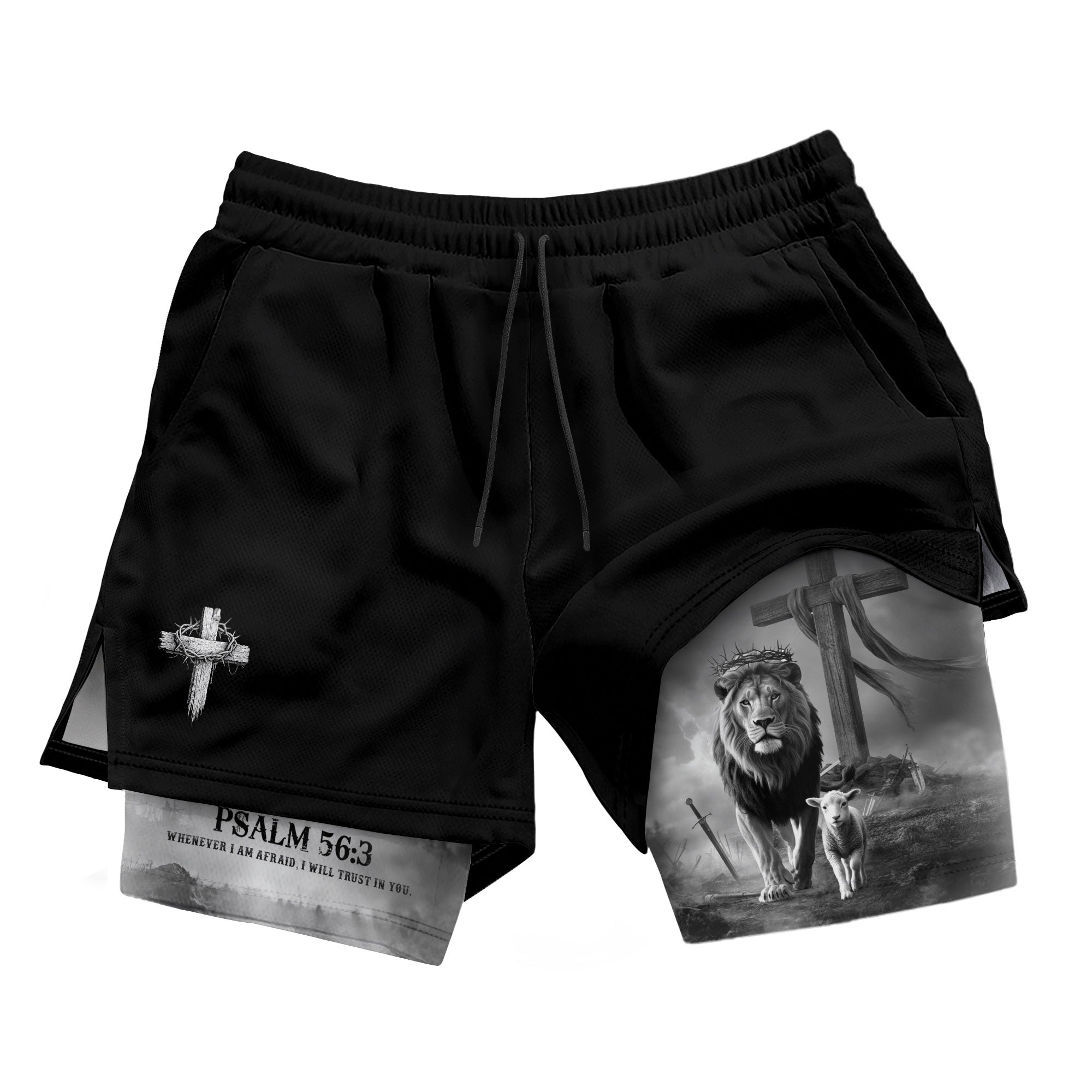 Psalm 56:3 Christian Gym Workout Shorts Men Lion and Lamb Cross Bible Verse - Rust Field Wear