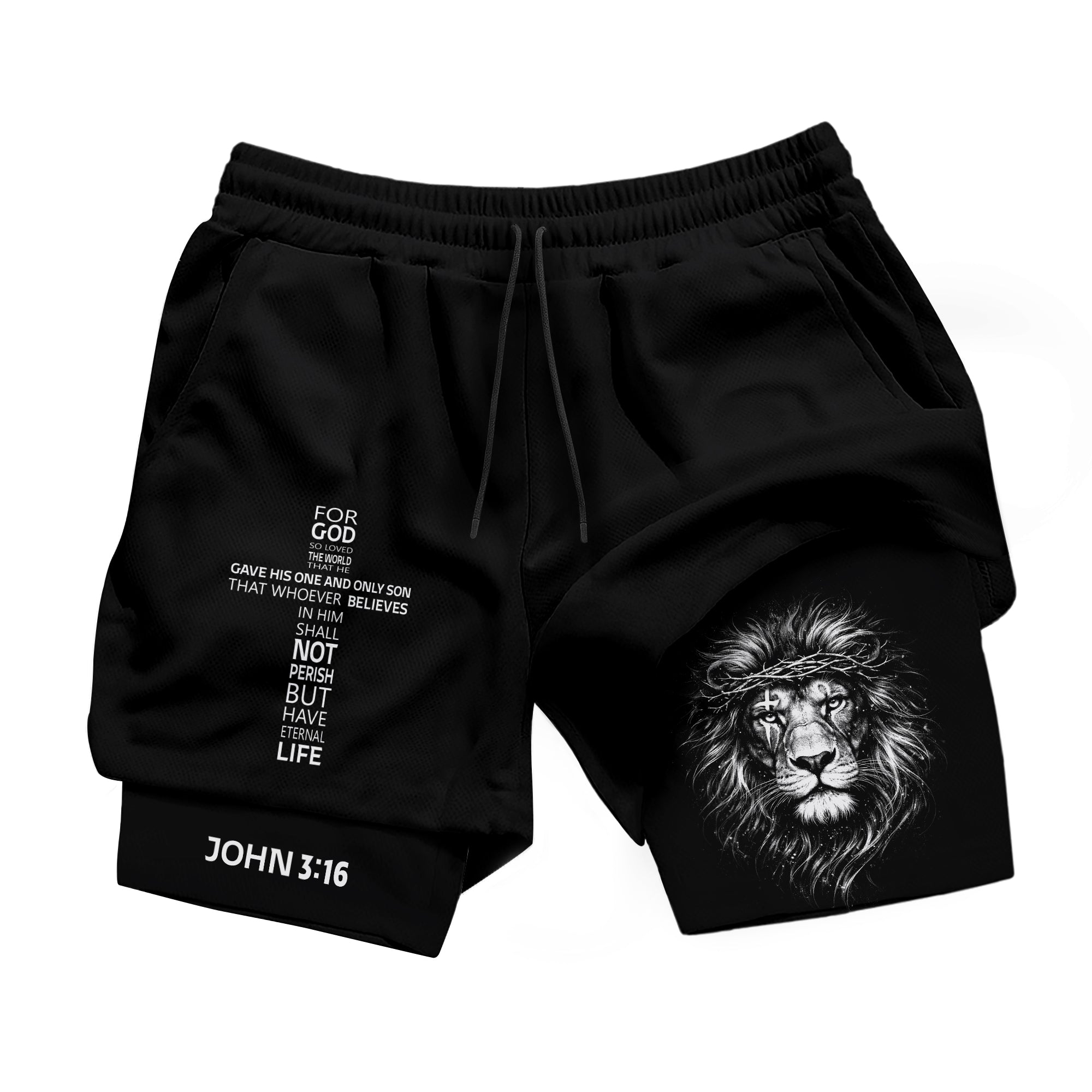 John 3:16 Bible Verse Christian Gym Workout Shorts Men Lion of Judah Athletic Activewear