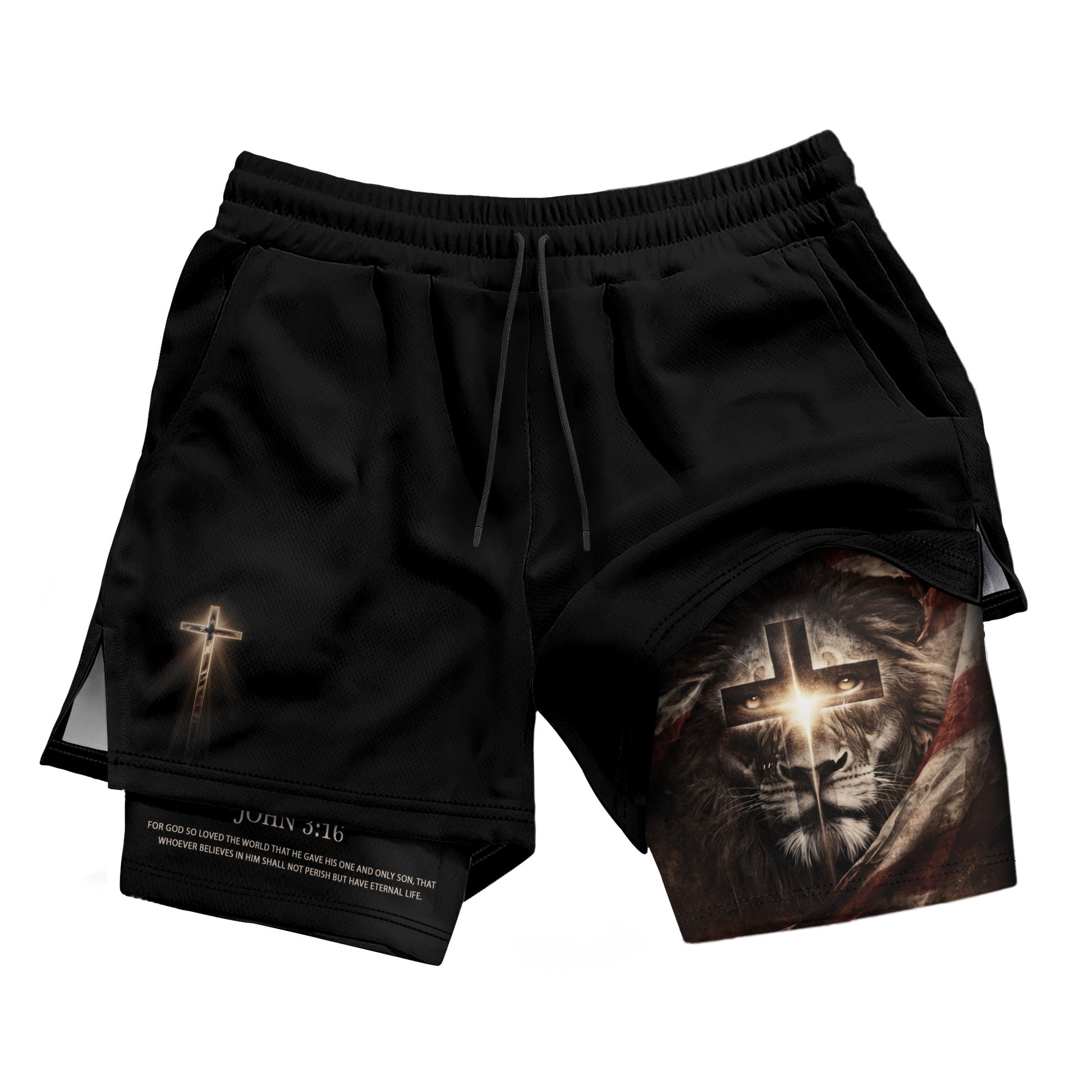 John 3:16 Bible Verse Men Christian Gym Shorts Lion of Judah Training Performance Gear - Rust Field Wear