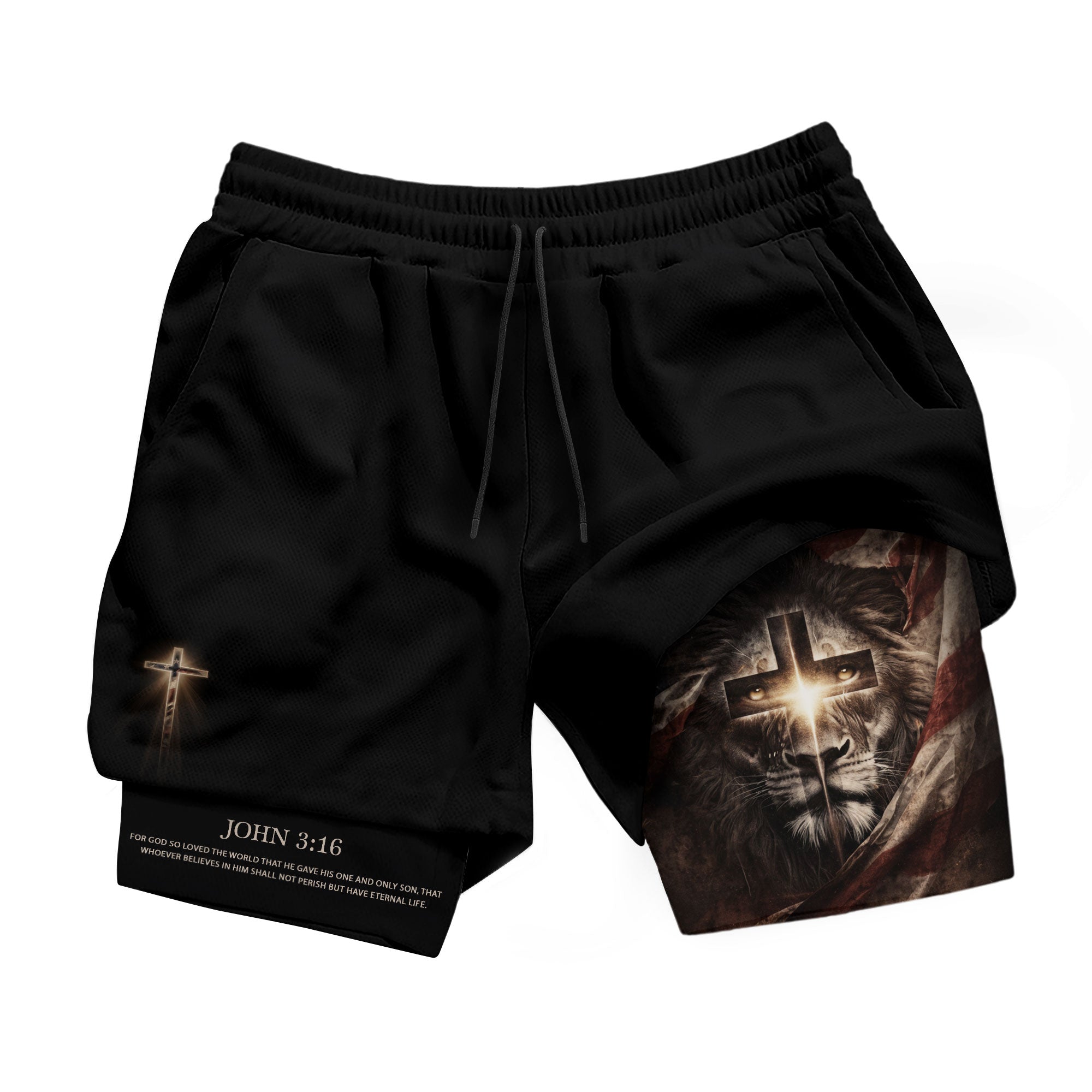 John 3:16 Bible Verse Men Christian Gym Shorts Lion of Judah Training Performance Gear