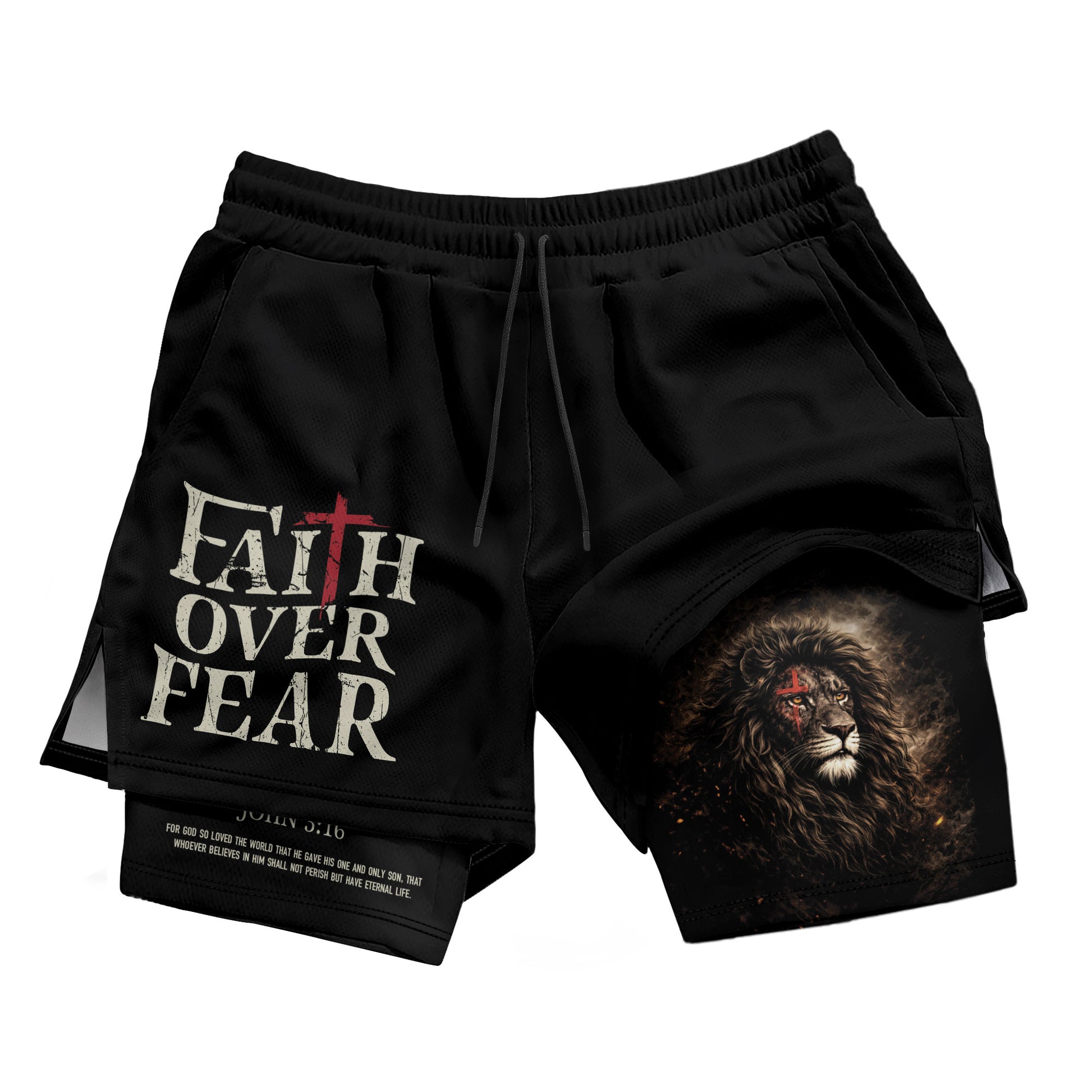 John 3:16 Bible Verse Christian Workout Shorts Men Lion of Judah Faith Over Fear Activewear - Rust Field Wear