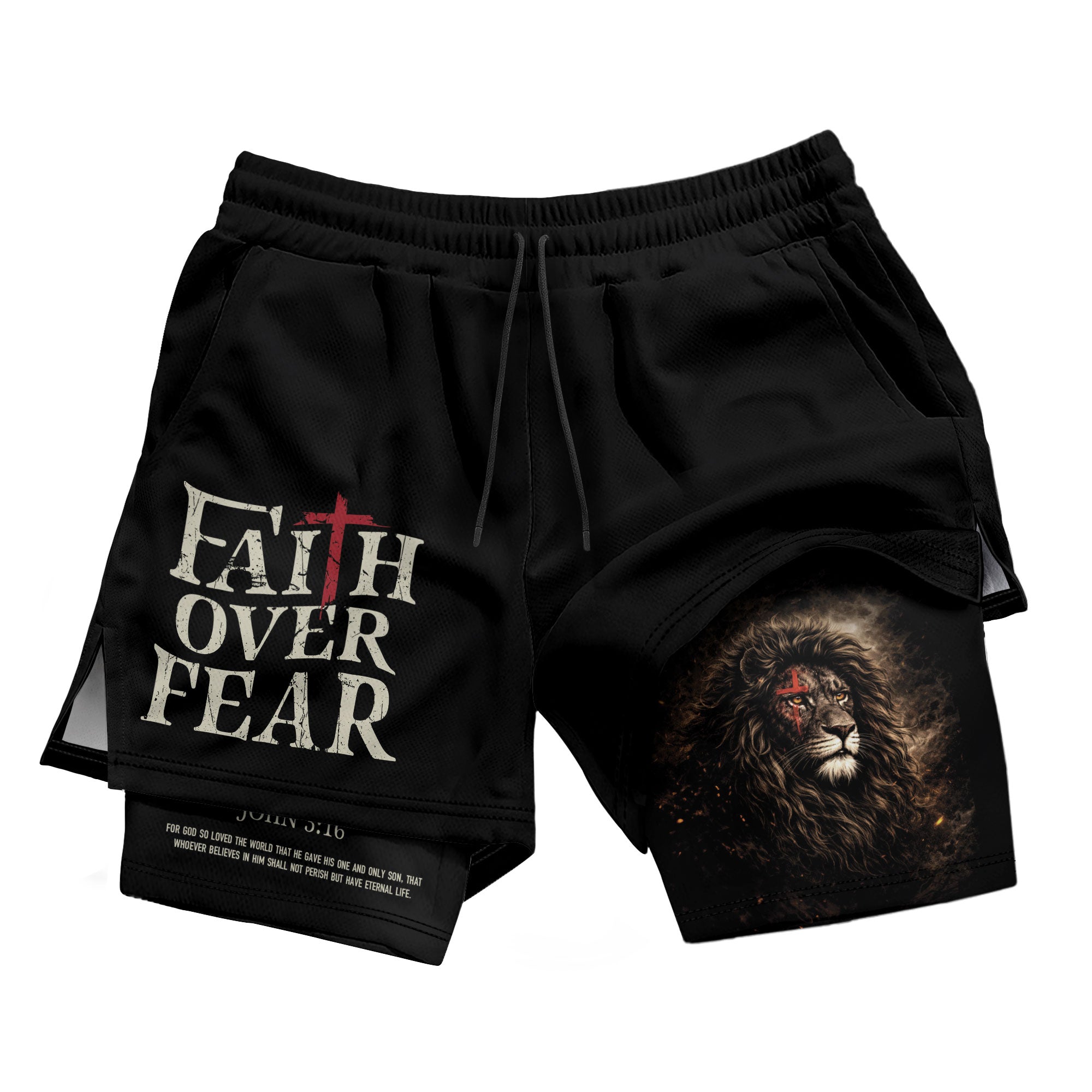 John 3:16 Bible Verse Christian Workout Shorts Men Lion of Judah Faith Over Fear Activewear - Rust Field Wear
