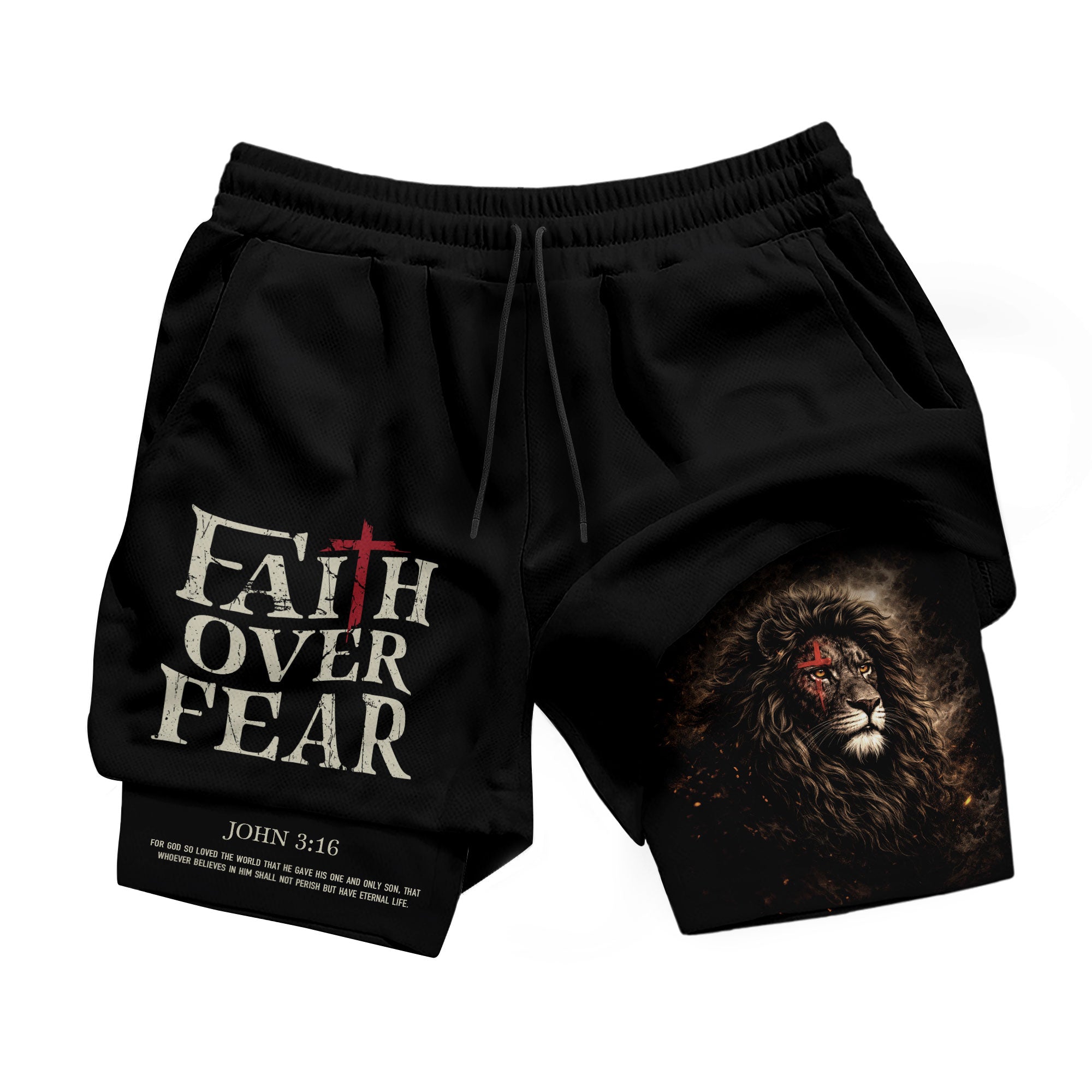 John 3:16 Bible Verse Christian Workout Shorts Men Lion of Judah Faith Over Fear Activewear