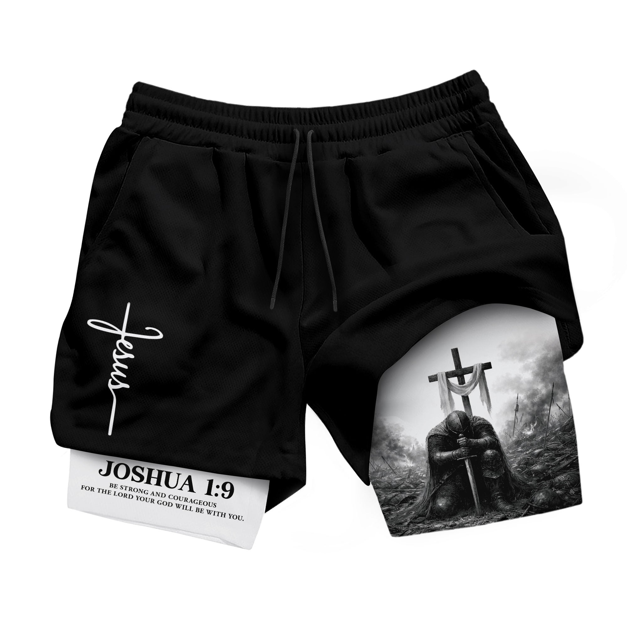 Joshua 1:9 Christian Men Gym Shorts Jesus Strong Knight Bible Training Performance Gear
