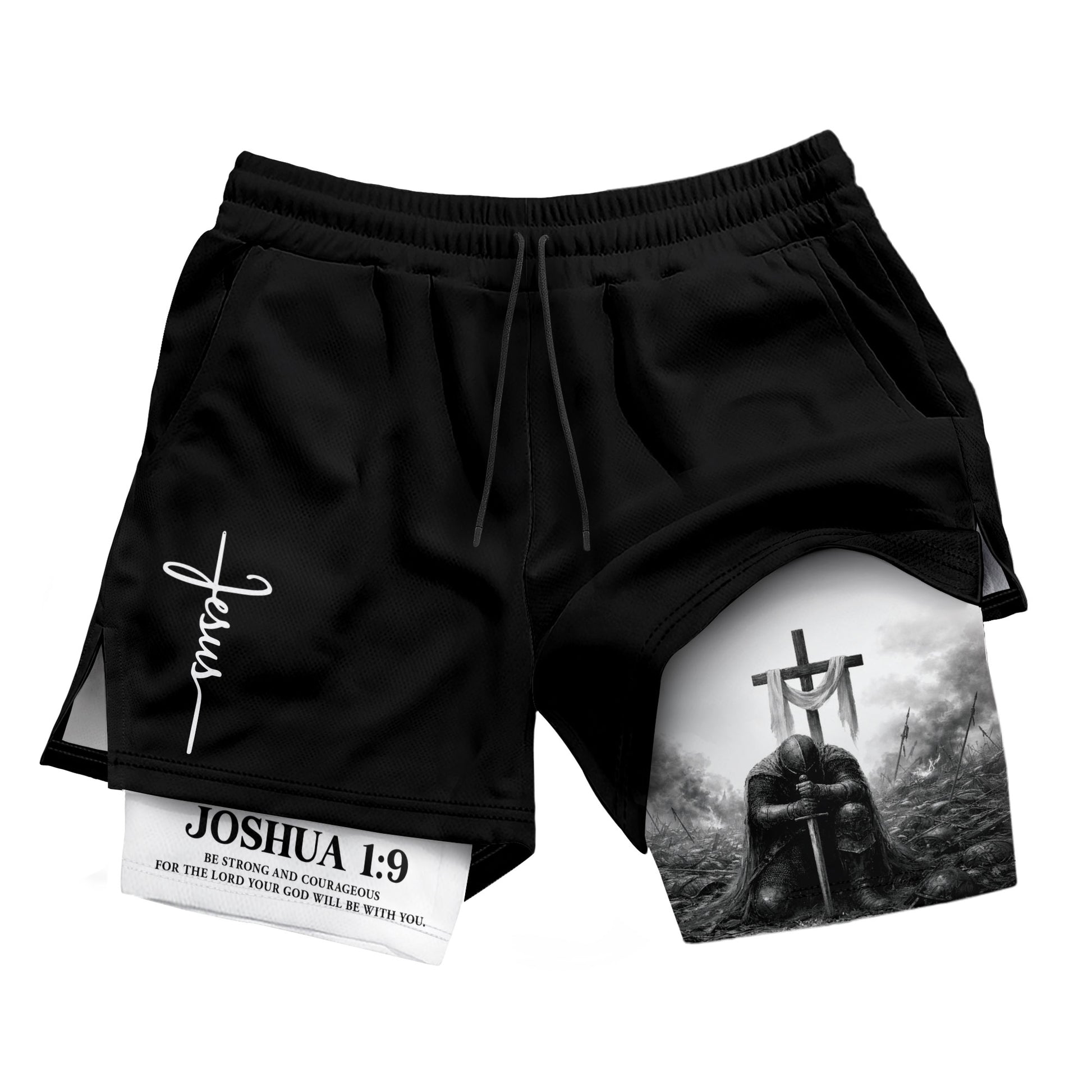 Joshua 1:9 Christian Men Gym Shorts Jesus Strong Knight Bible Training Performance Gear - Rust Field Wear