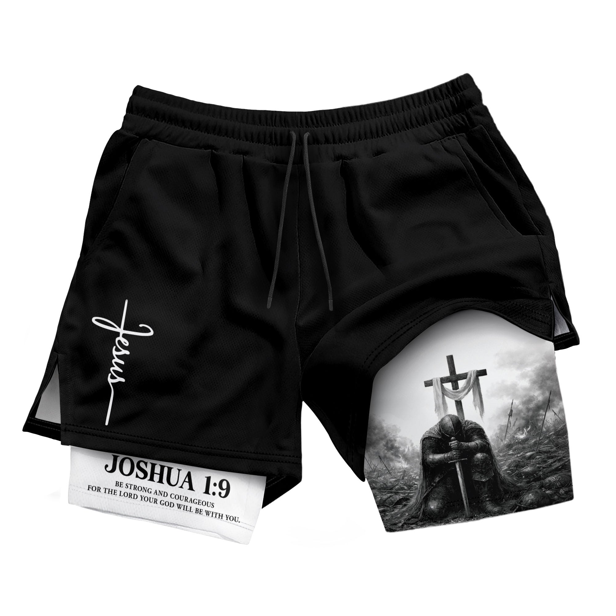 Joshua 1:9 Christian Men Gym Shorts Jesus Strong Knight Bible Training Performance Gear - Rust Field Wear