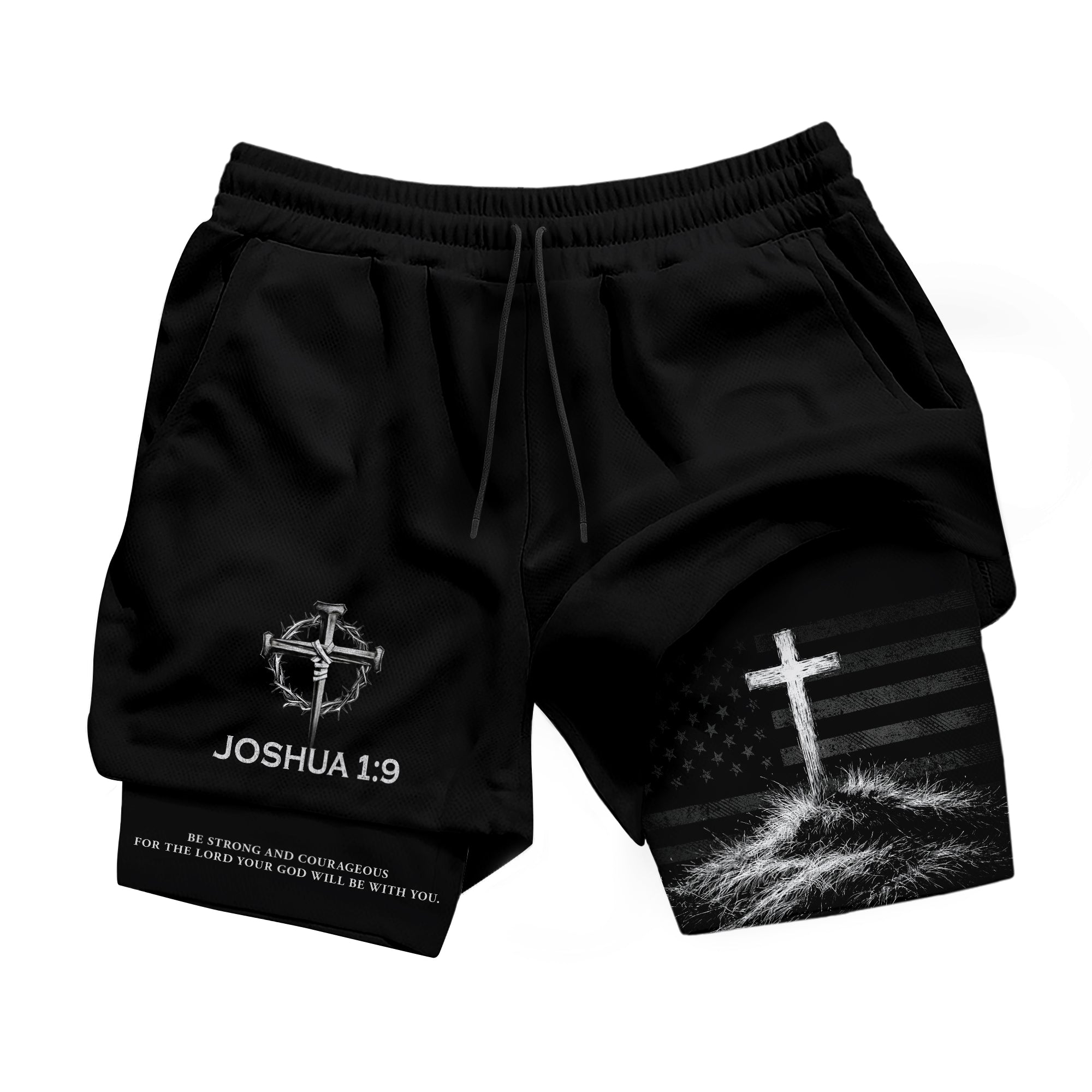 Joshua 1:9 Christian Men Gym Shorts USA Flag Strong and Courageous Athletic Activewear