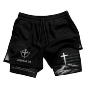 Joshua 1:9 Christian Men Gym Shorts USA Flag Strong and Courageous Athletic Activewear - Rust Field Wear
