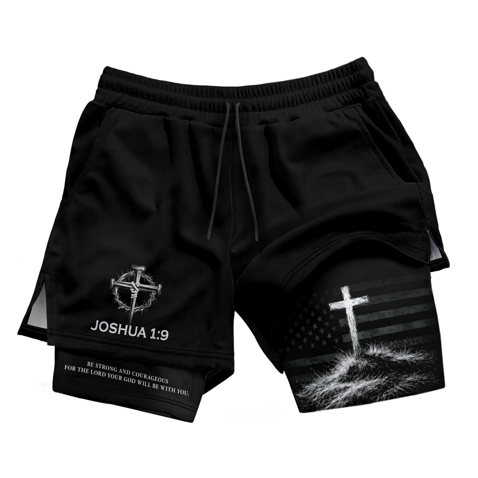 Joshua 1:9 Christian Men Gym Shorts USA Flag Strong and Courageous Athletic Activewear - Rust Field Wear